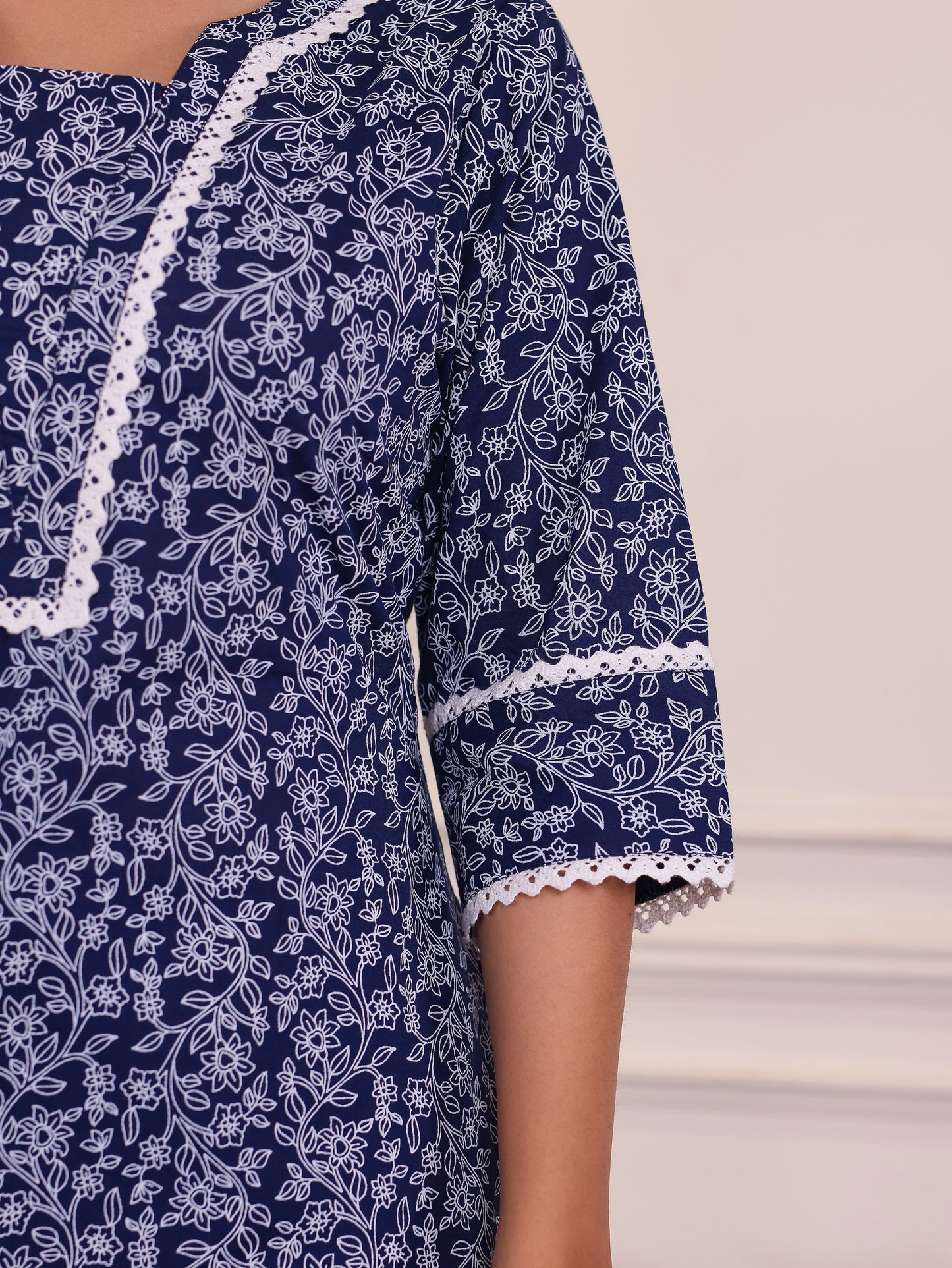 Soft Cotton Floral Blue Kurta