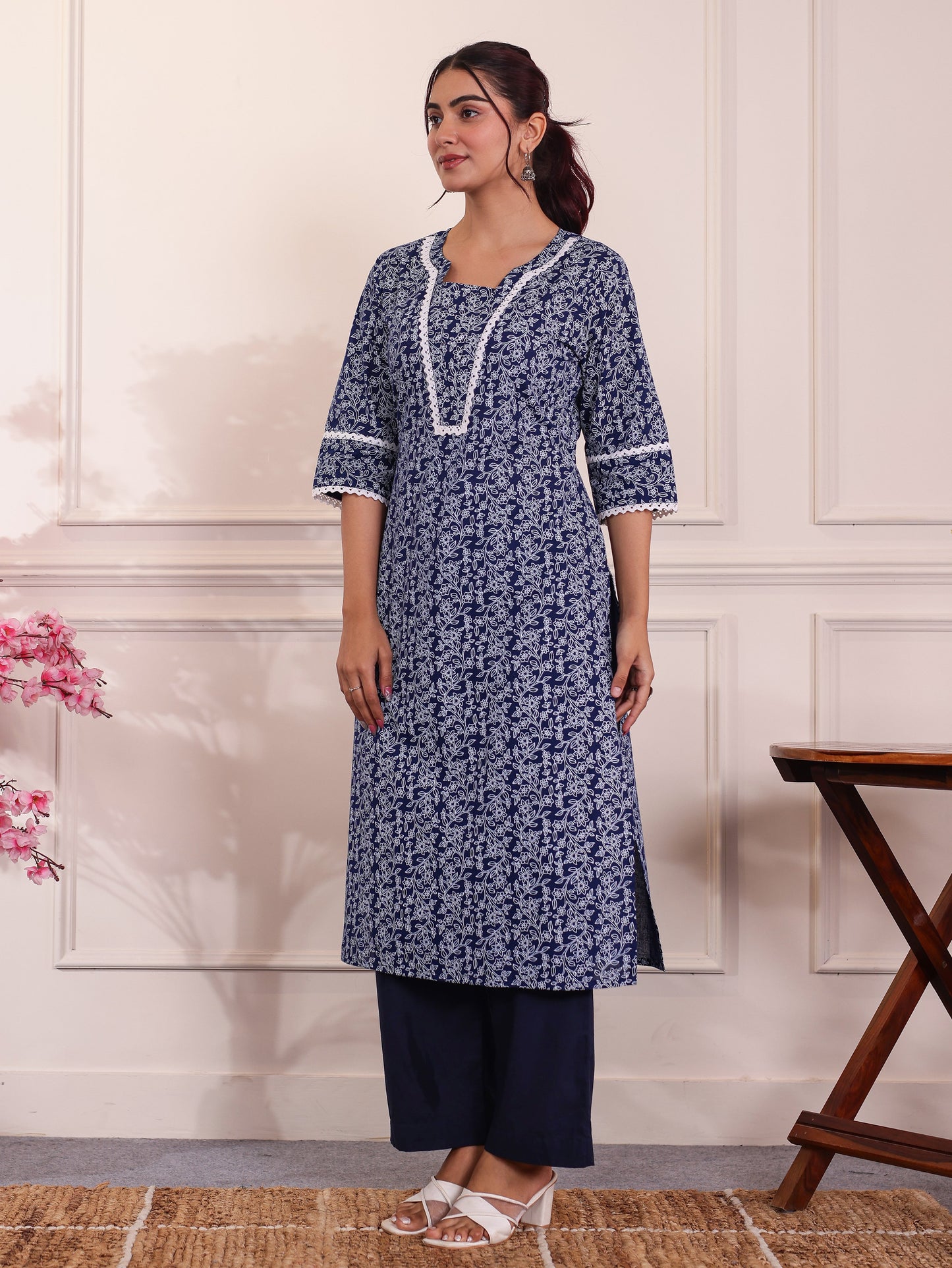 Soft Cotton Floral Blue Kurta
