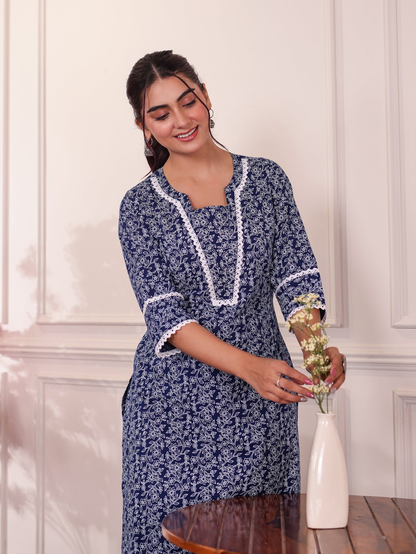 Soft Cotton Floral Blue Kurta