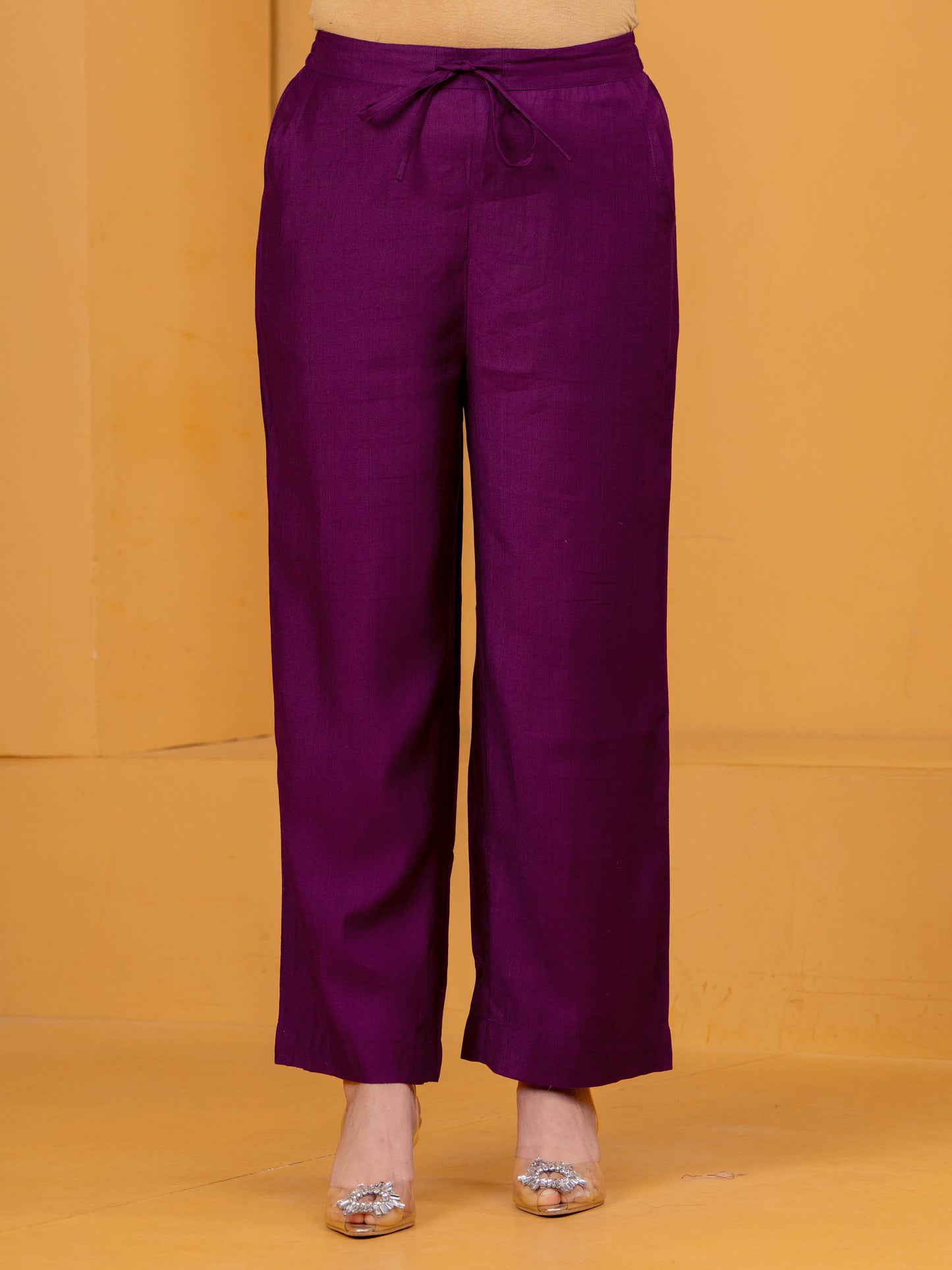 Blended Silk Solid Purple Straight Trousers