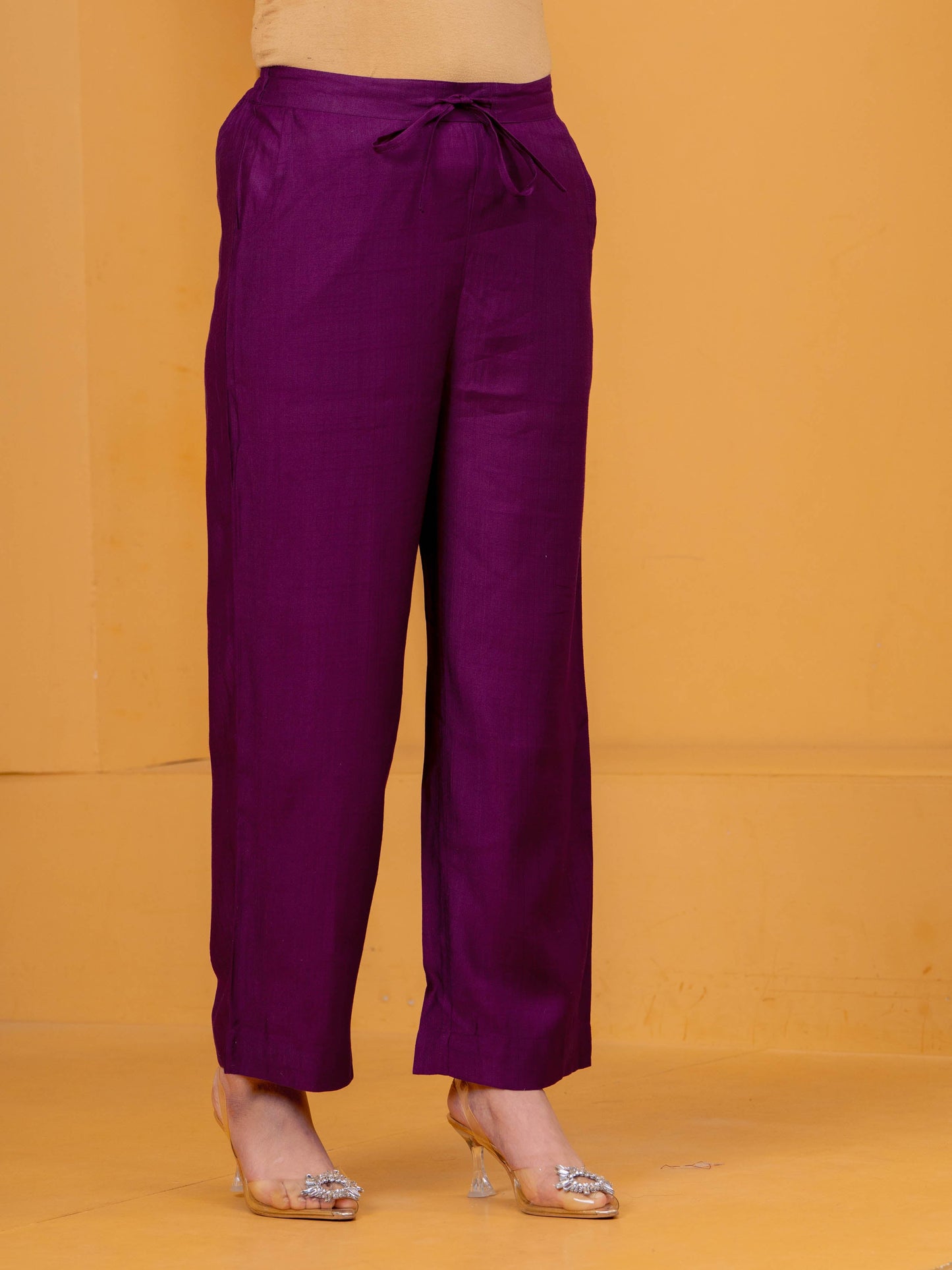 Blended Silk Solid Purple Straight Trousers