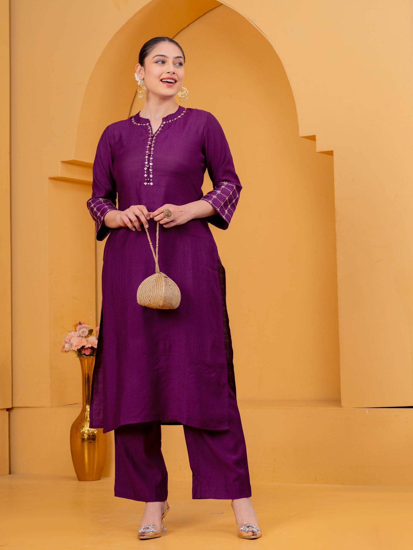 Embroidered Blended Silk Solid Straight Purple Kurta