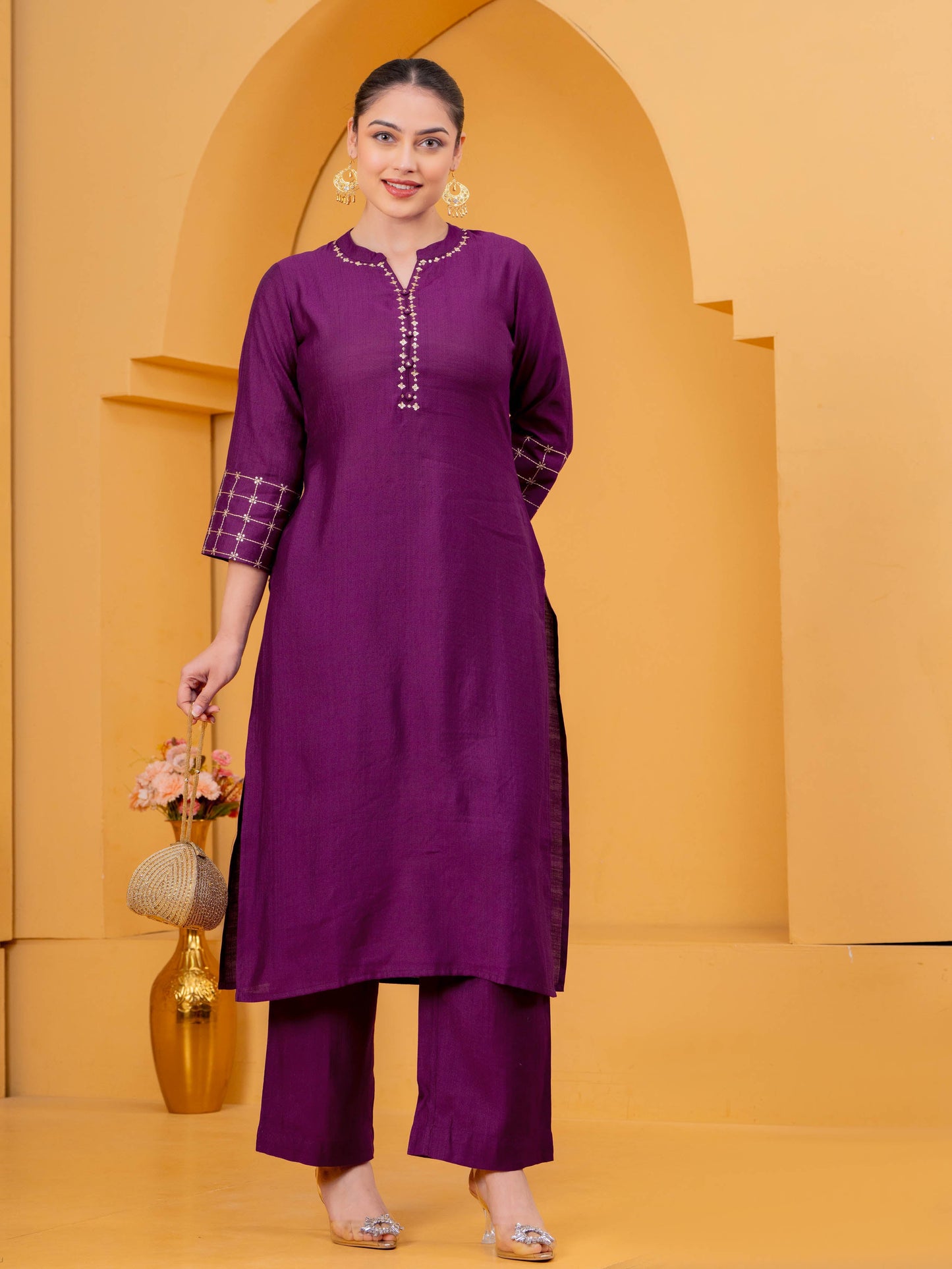 Embroidered Blended Silk Solid Straight Purple Kurta