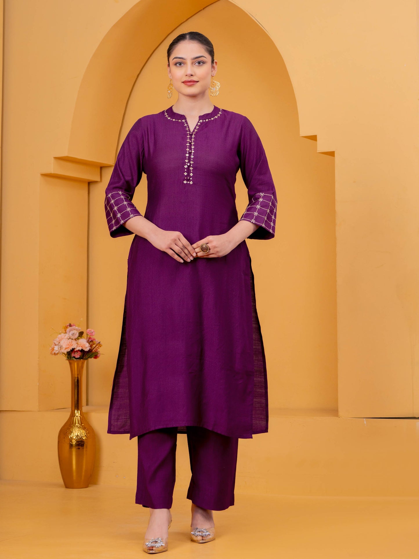 Embroidered Blended Silk Solid Straight Purple Kurta