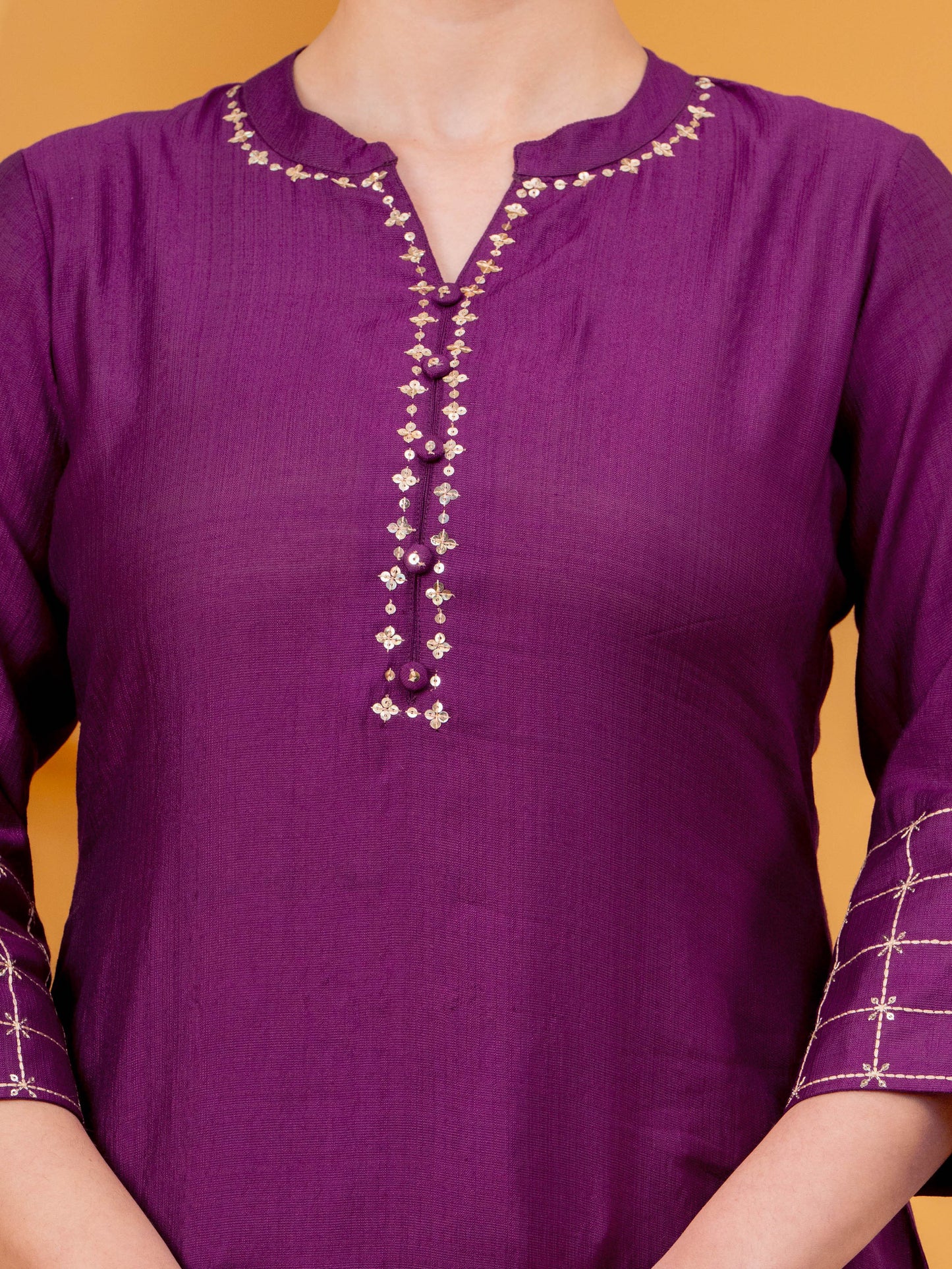 Embroidered Blended Silk Solid Straight Purple Kurta