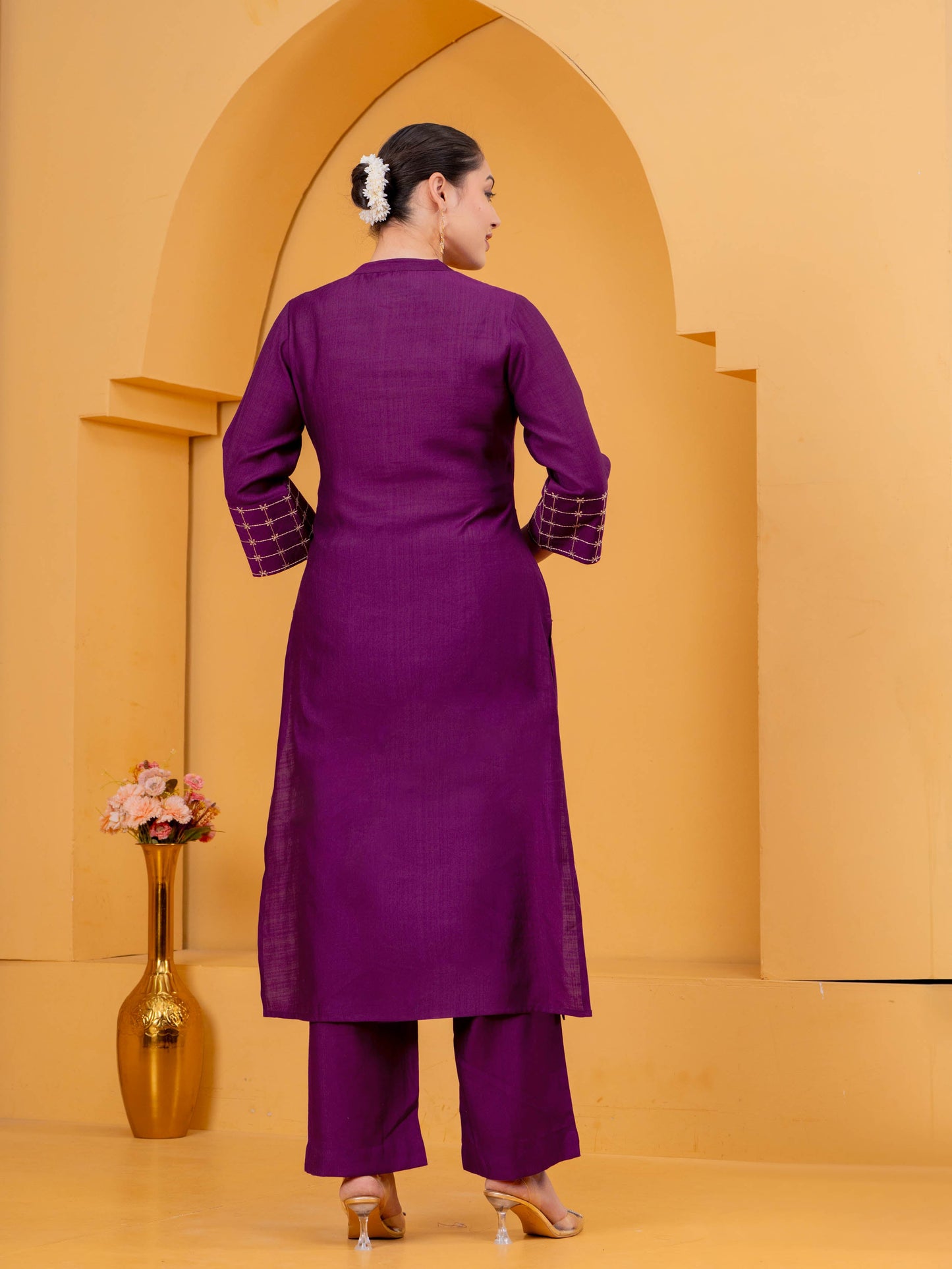 Embroidered Blended Silk Solid Straight Purple Kurta