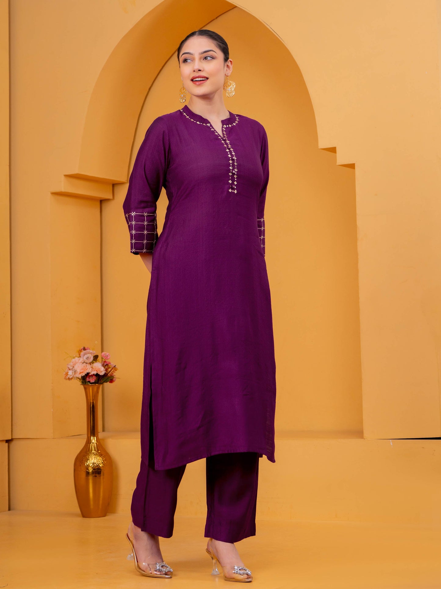 Embroidered Blended Silk Solid Straight Purple Kurta