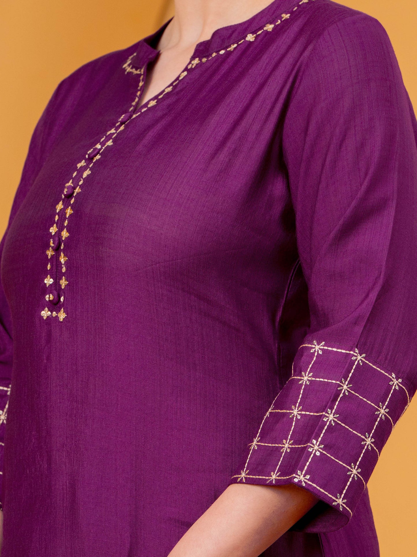 Embroidered Blended Silk Solid Straight Purple Kurta