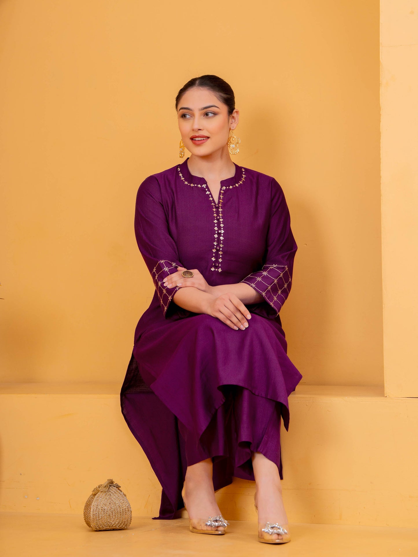 Embroidered Blended Silk Solid Straight Purple Kurta
