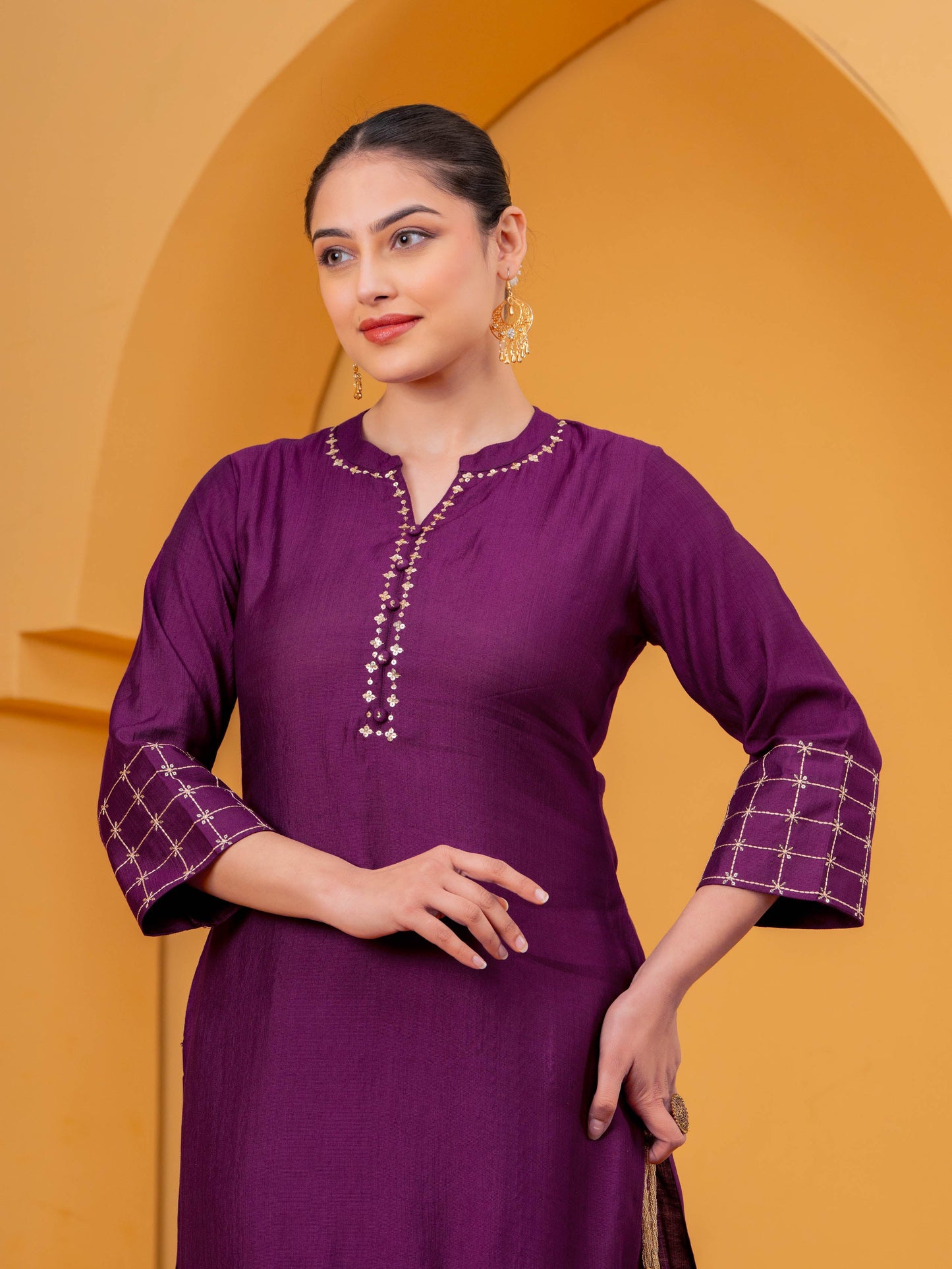 Embroidered Blended Silk Solid Straight Purple Kurta