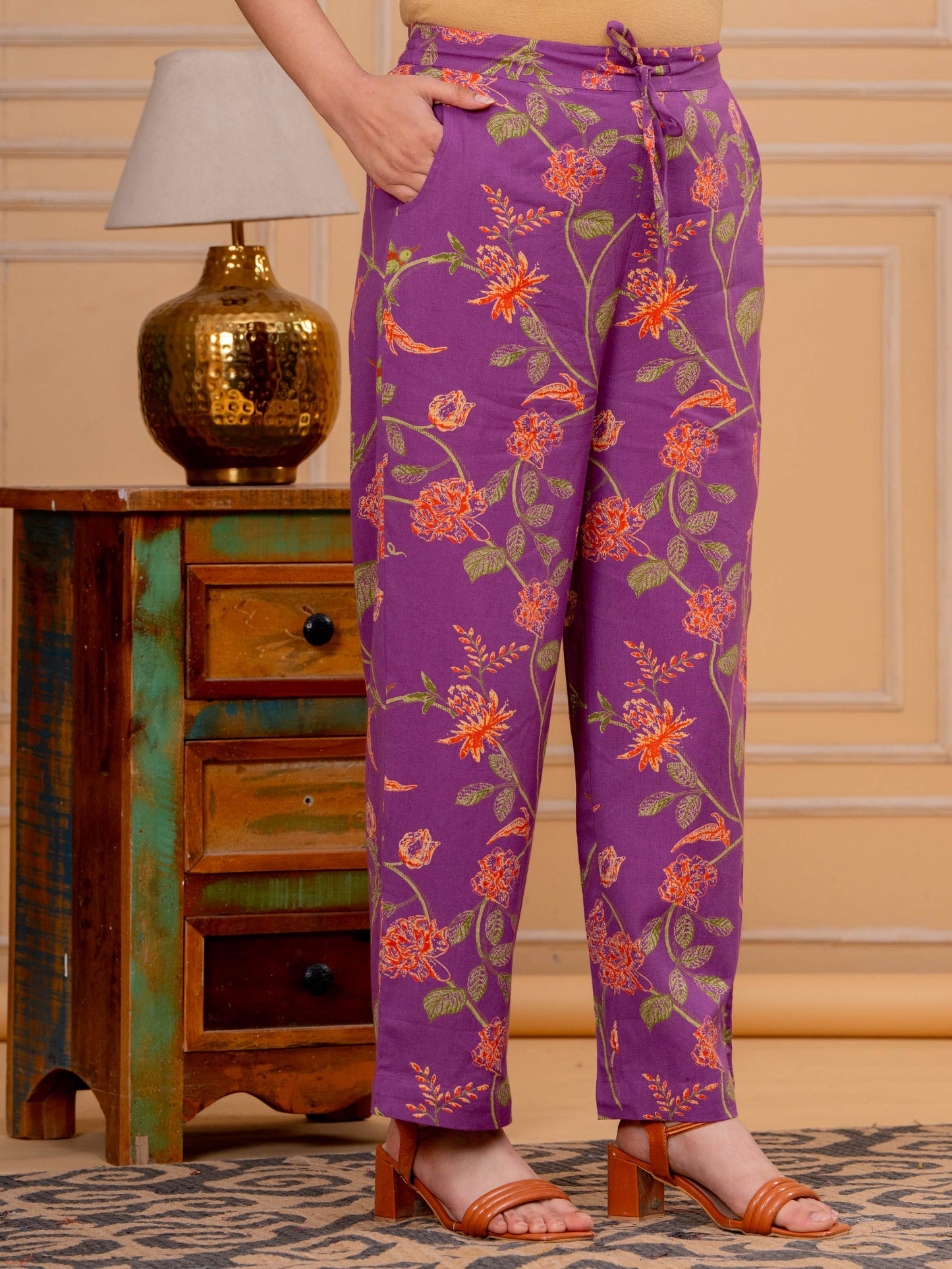 Linen Cotton Floral Purple Straight Trousers