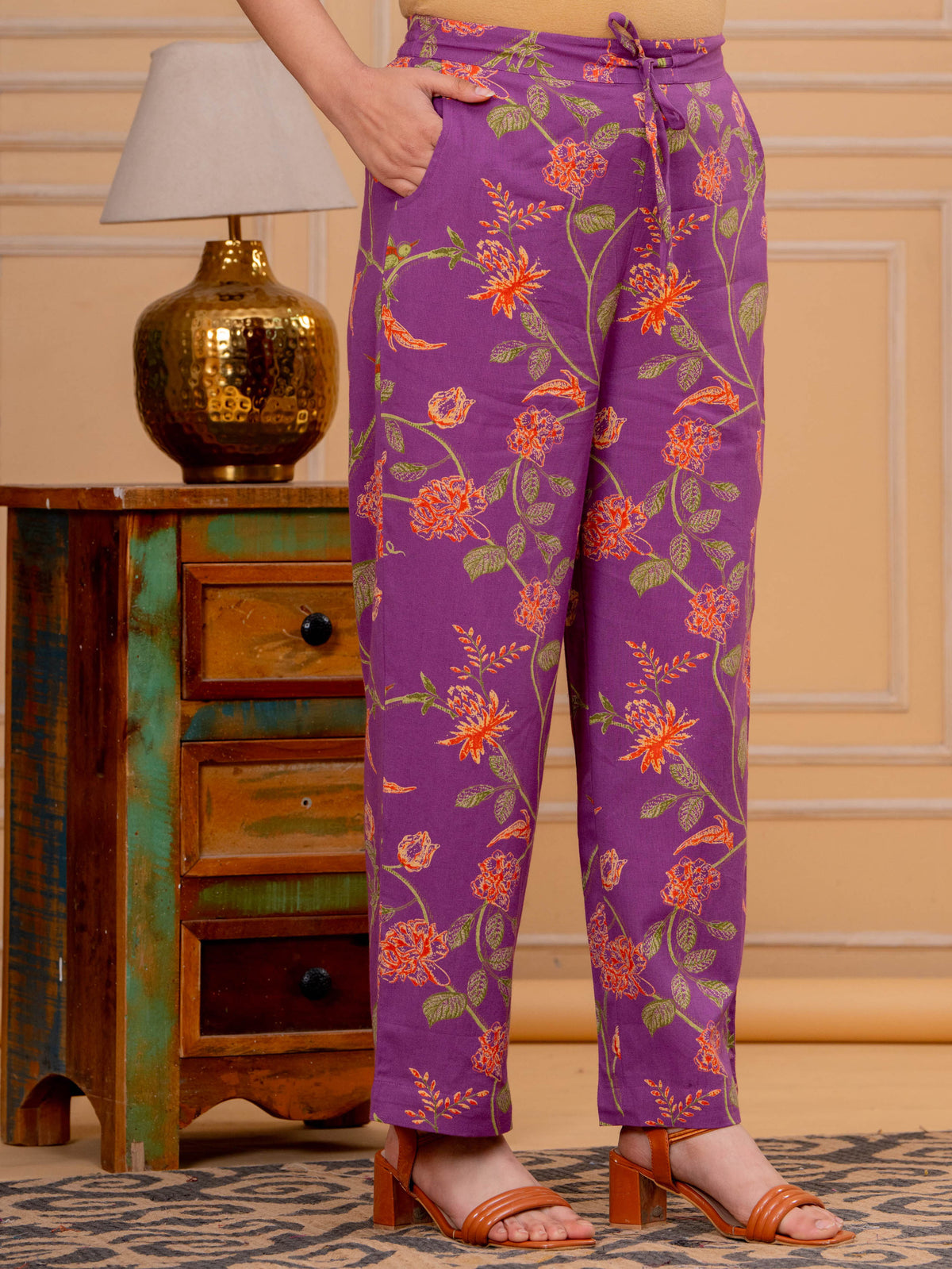 Linen Cotton Floral Purple Straight Trousers