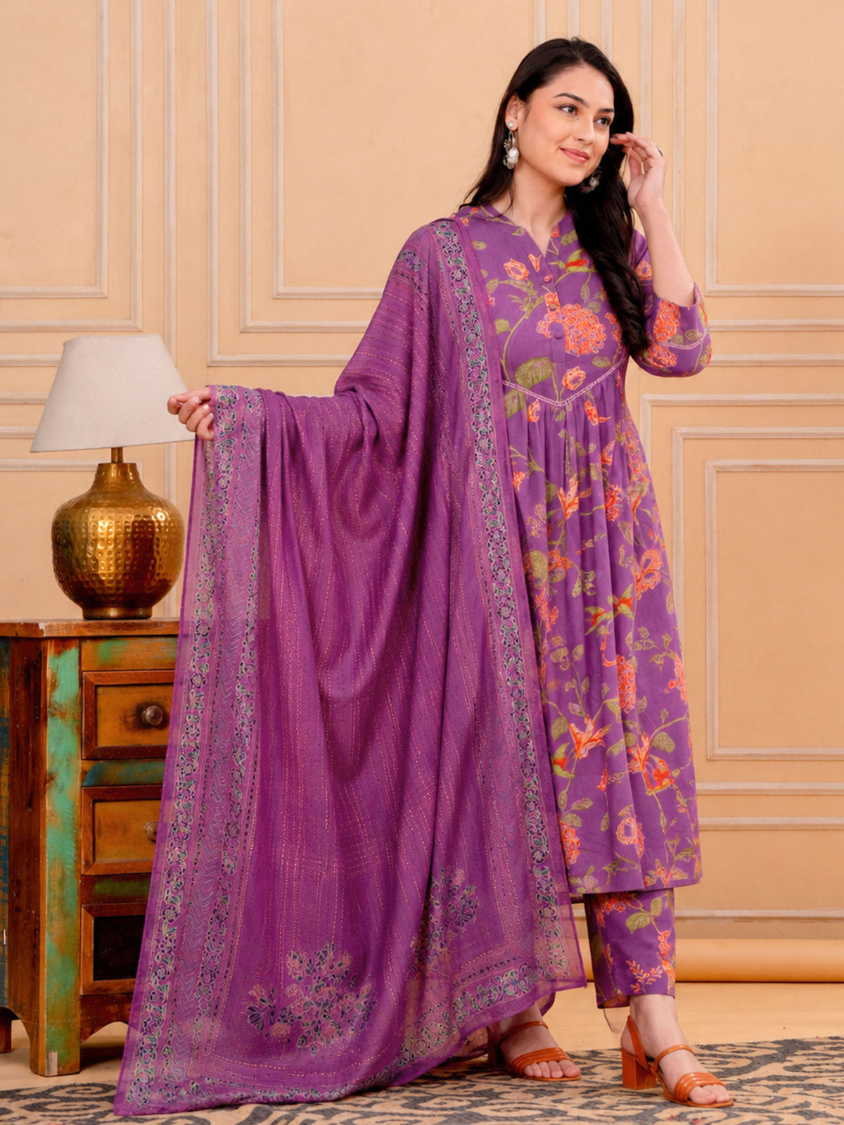 Cotton Voile Floral Purple Dupatta