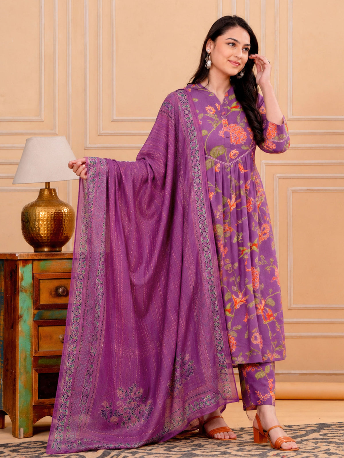 Cotton Voile Floral Purple Dupatta