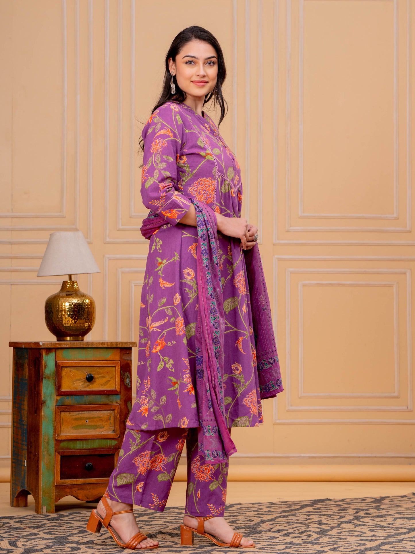 Cotton Voile Floral Purple Dupatta