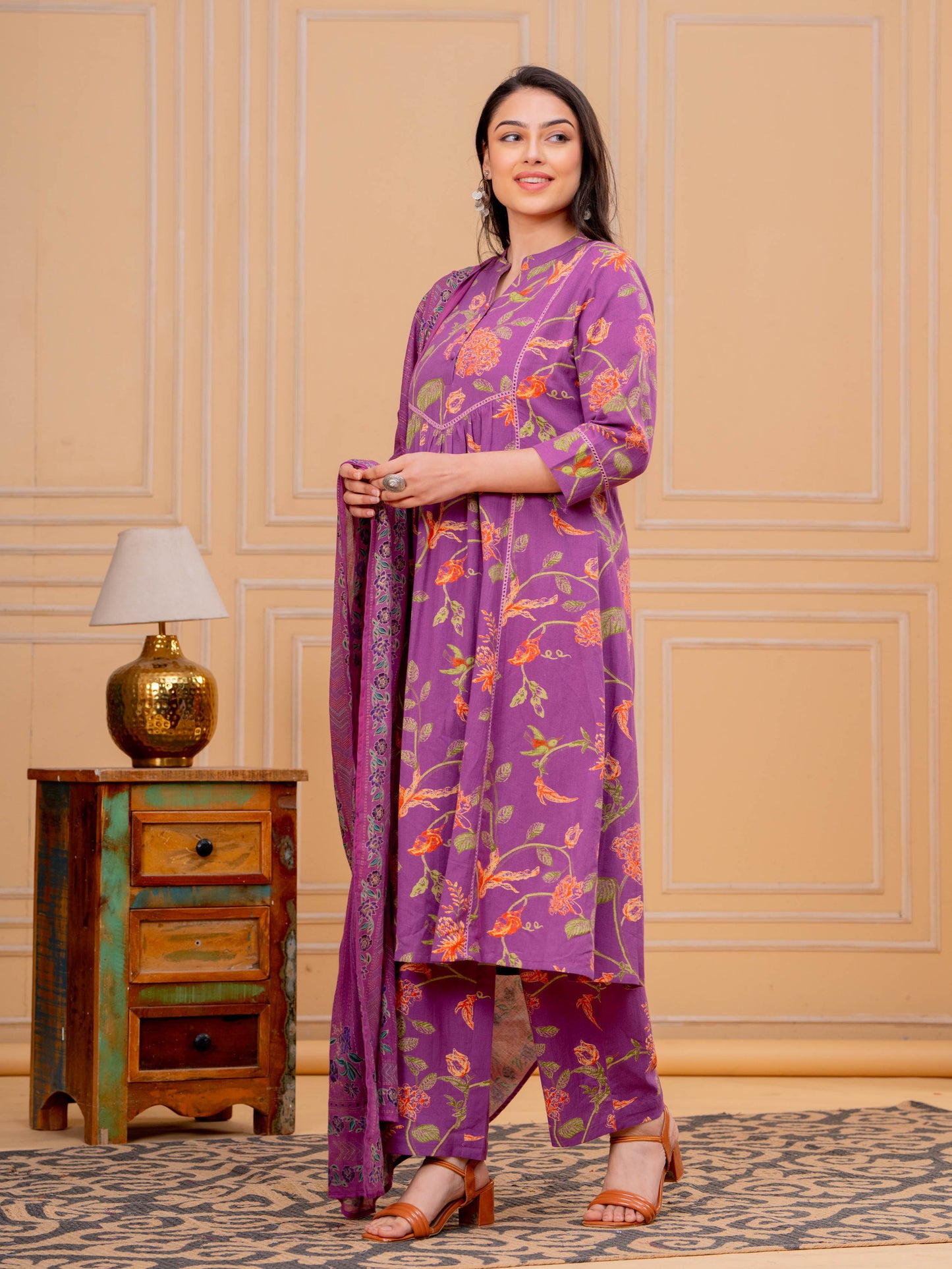 Linen Cotton Floral A-line Purple Kurta