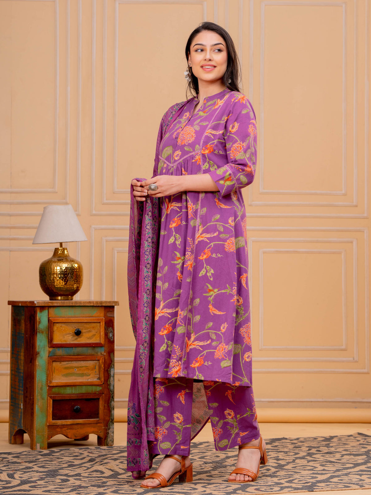 Linen Cotton Floral A-line Purple Kurta