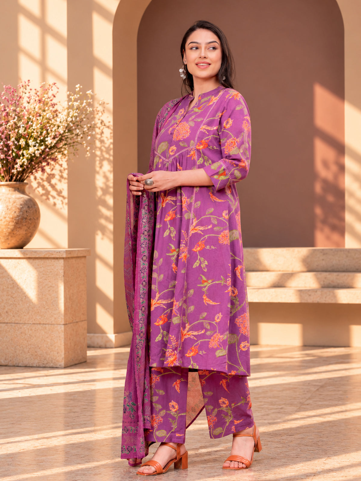 Linen Cotton Floral A-line Purple Kurta