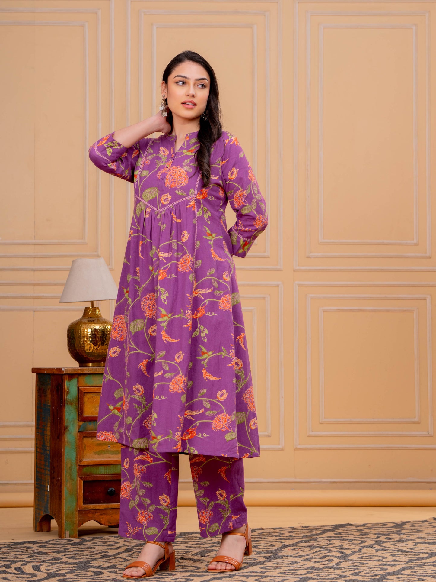 Linen Cotton Floral A-line Purple Kurta