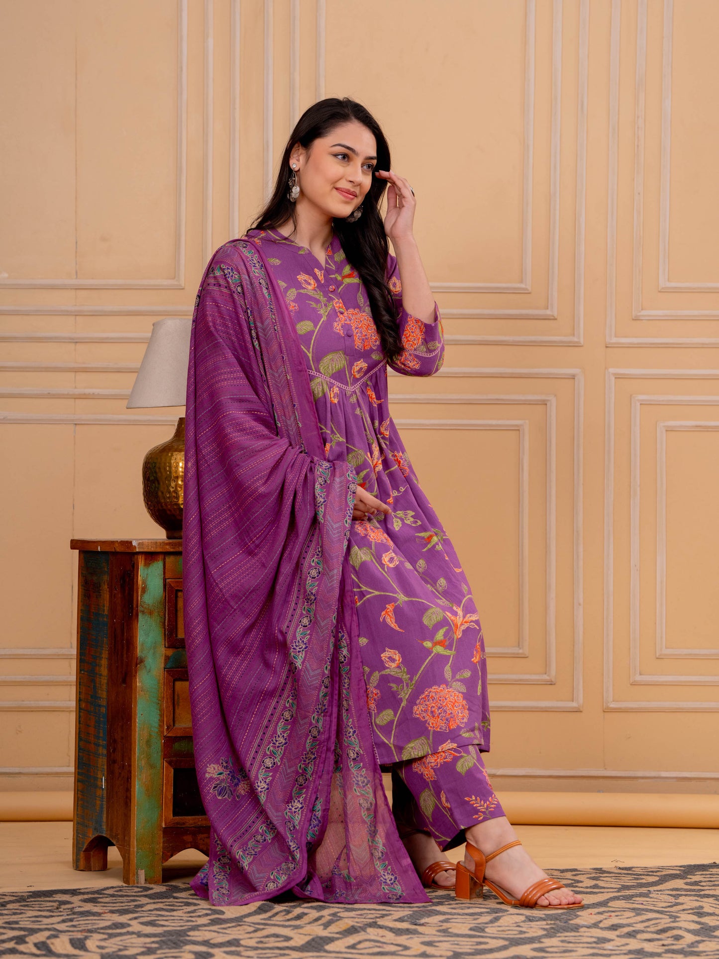 Linen Cotton Floral A-line Purple Kurta