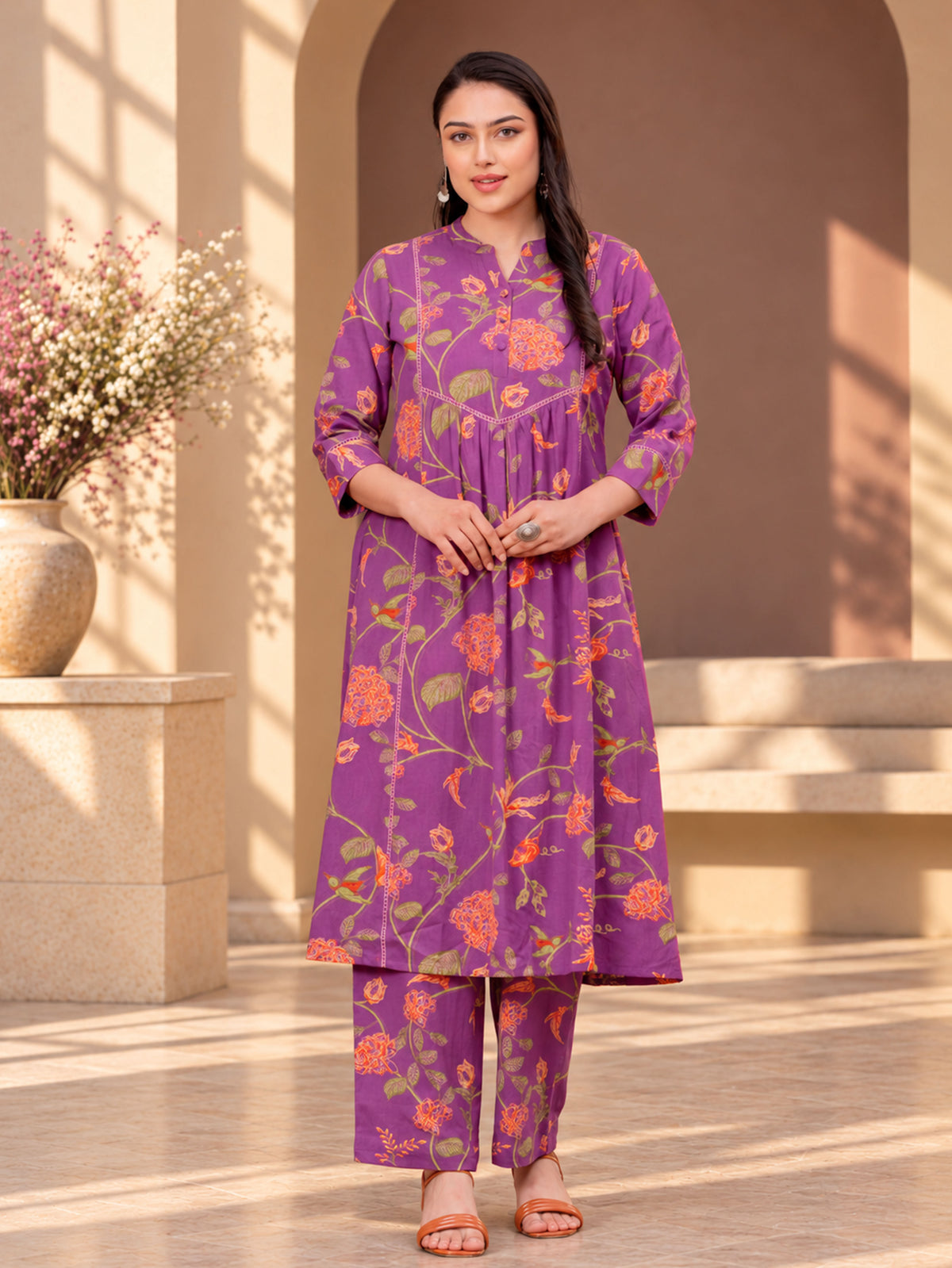 Linen Cotton Floral A-line Purple Kurta