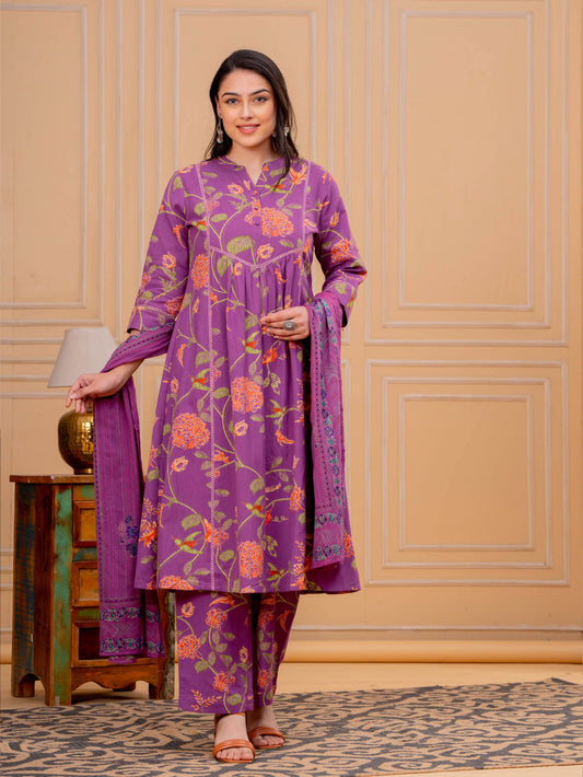 Linen Cotton Floral A-line Purple Kurta