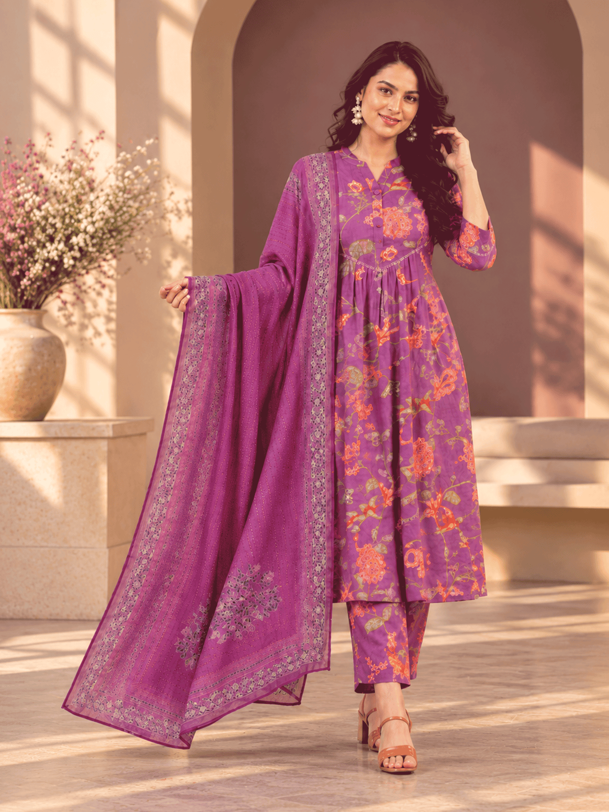 Linen Cotton Floral A-line Purple Kurta