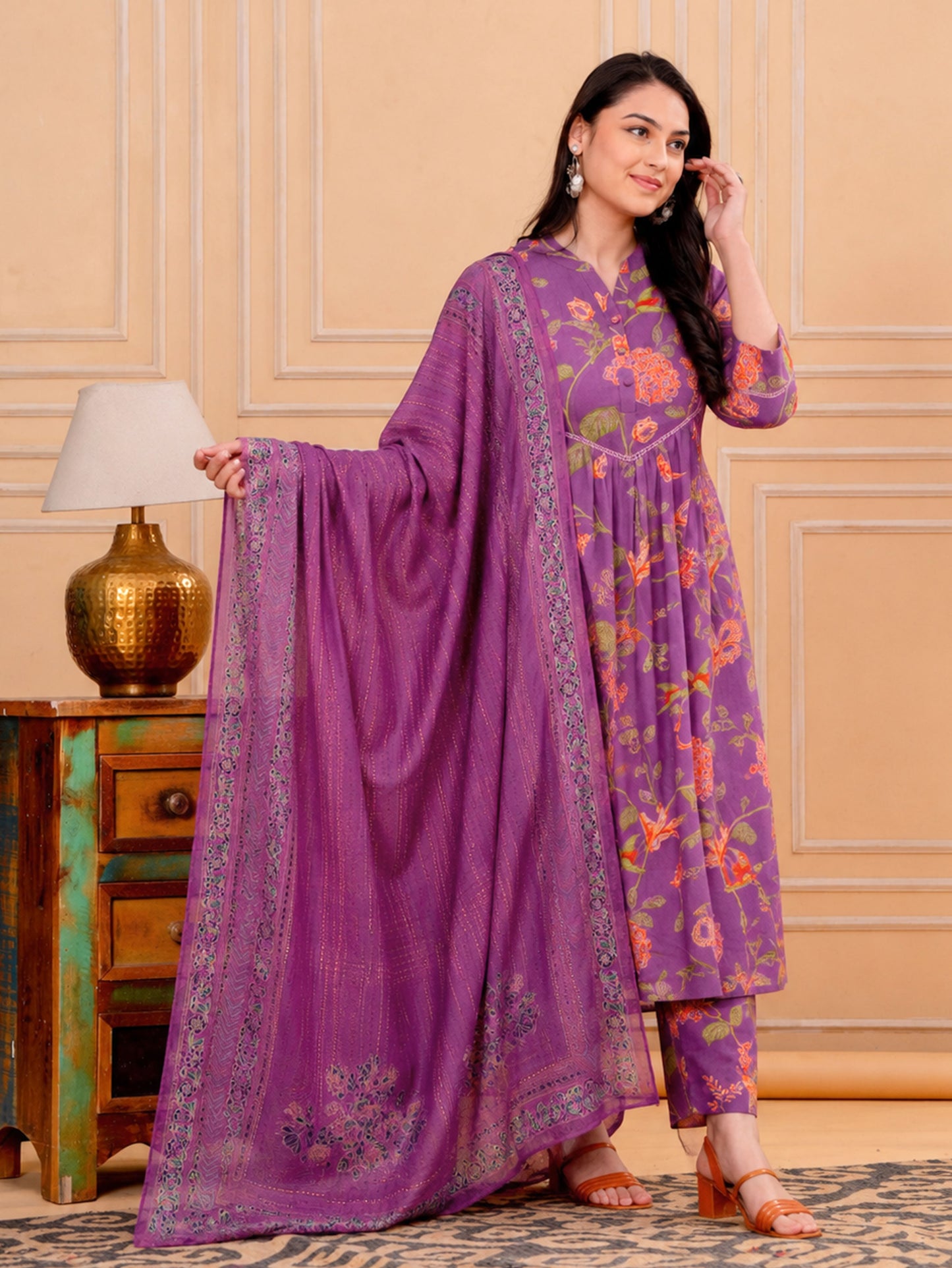 Linen Cotton Floral A-line Purple Kurta