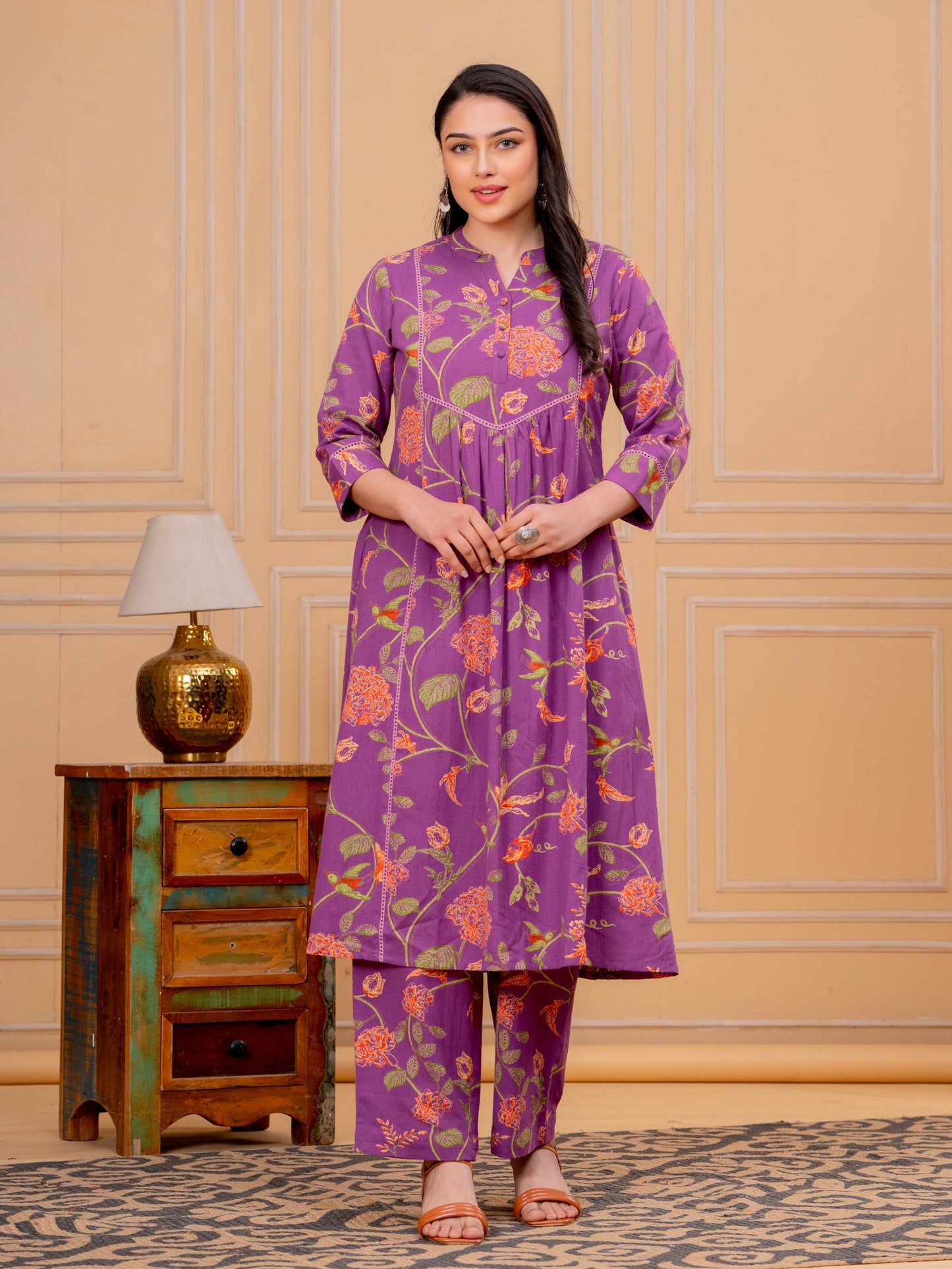 Linen Cotton Floral A-line Purple Kurta