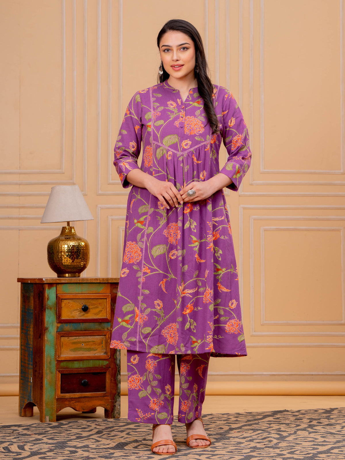 Linen Cotton Floral A-line Purple Kurta