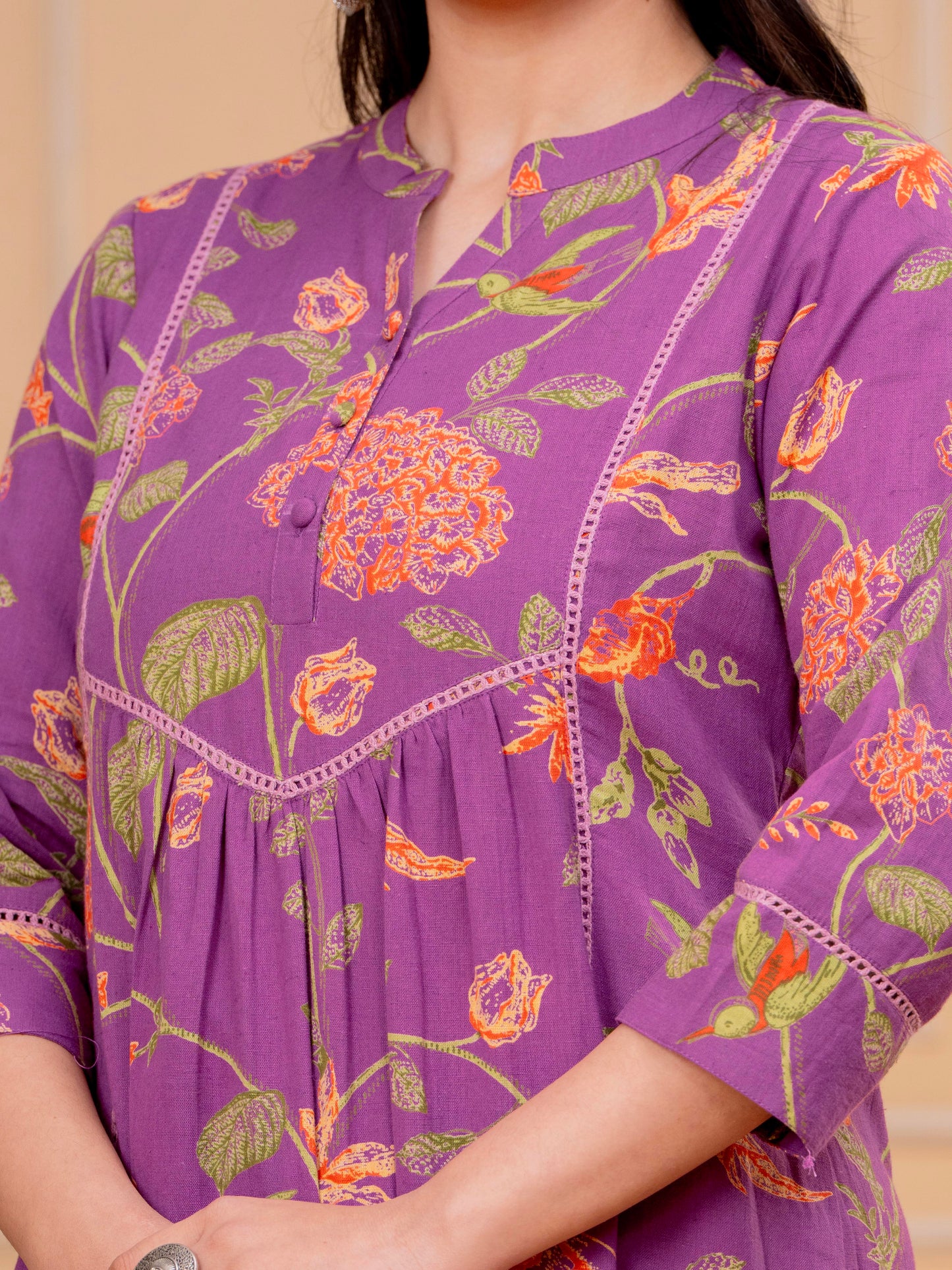 Linen Cotton Floral A-line Purple Kurta