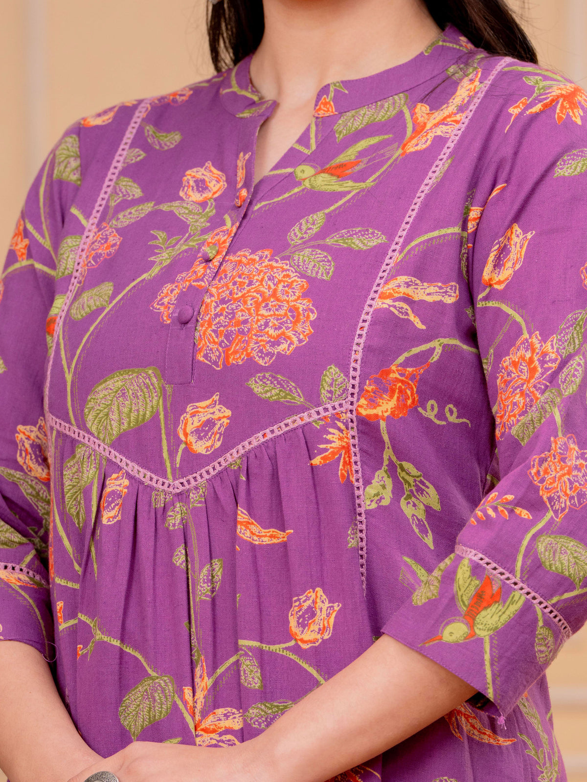 Linen Cotton Floral A-line Purple Kurta