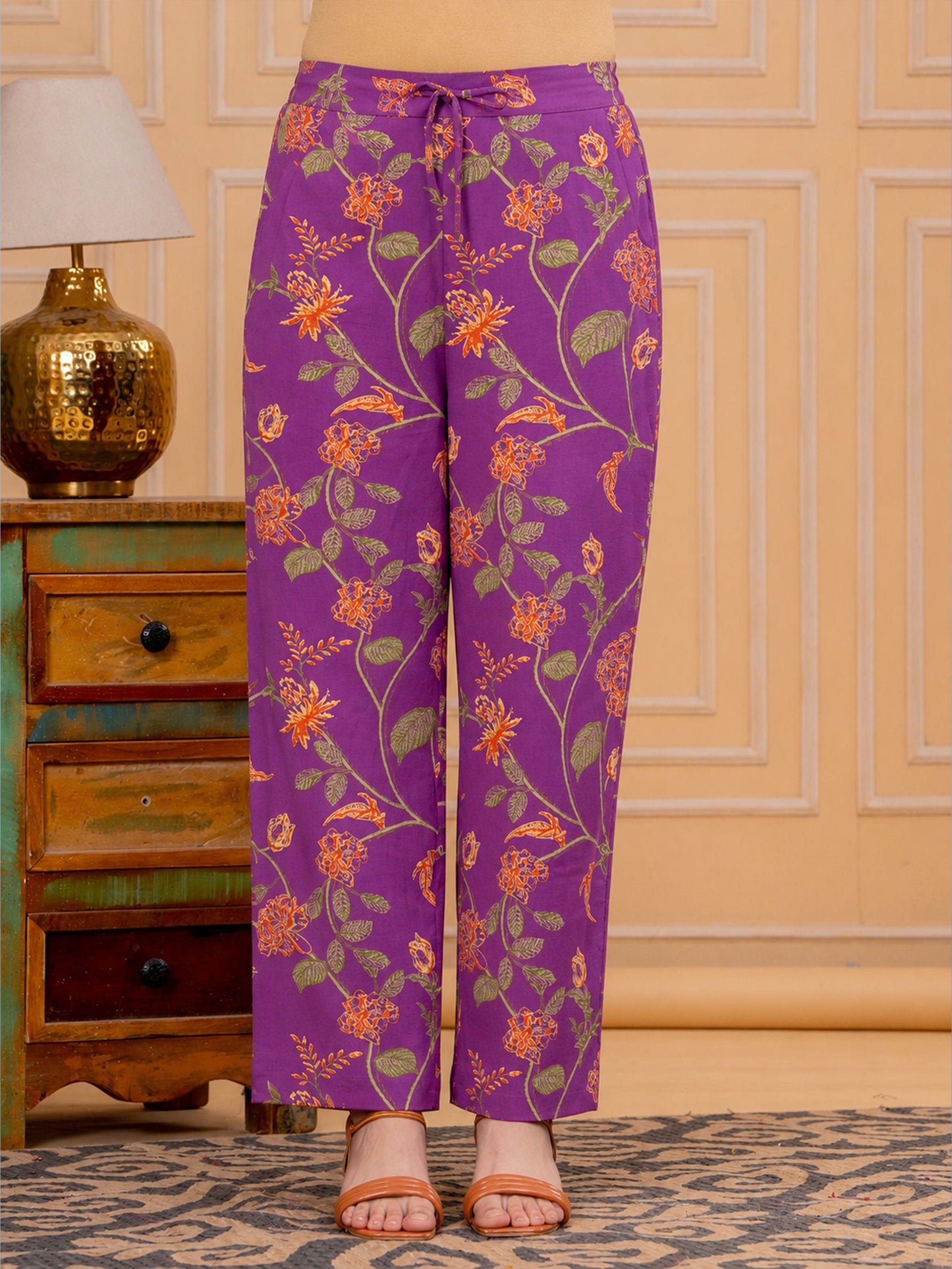 Linen Cotton Floral Purple Straight Trousers