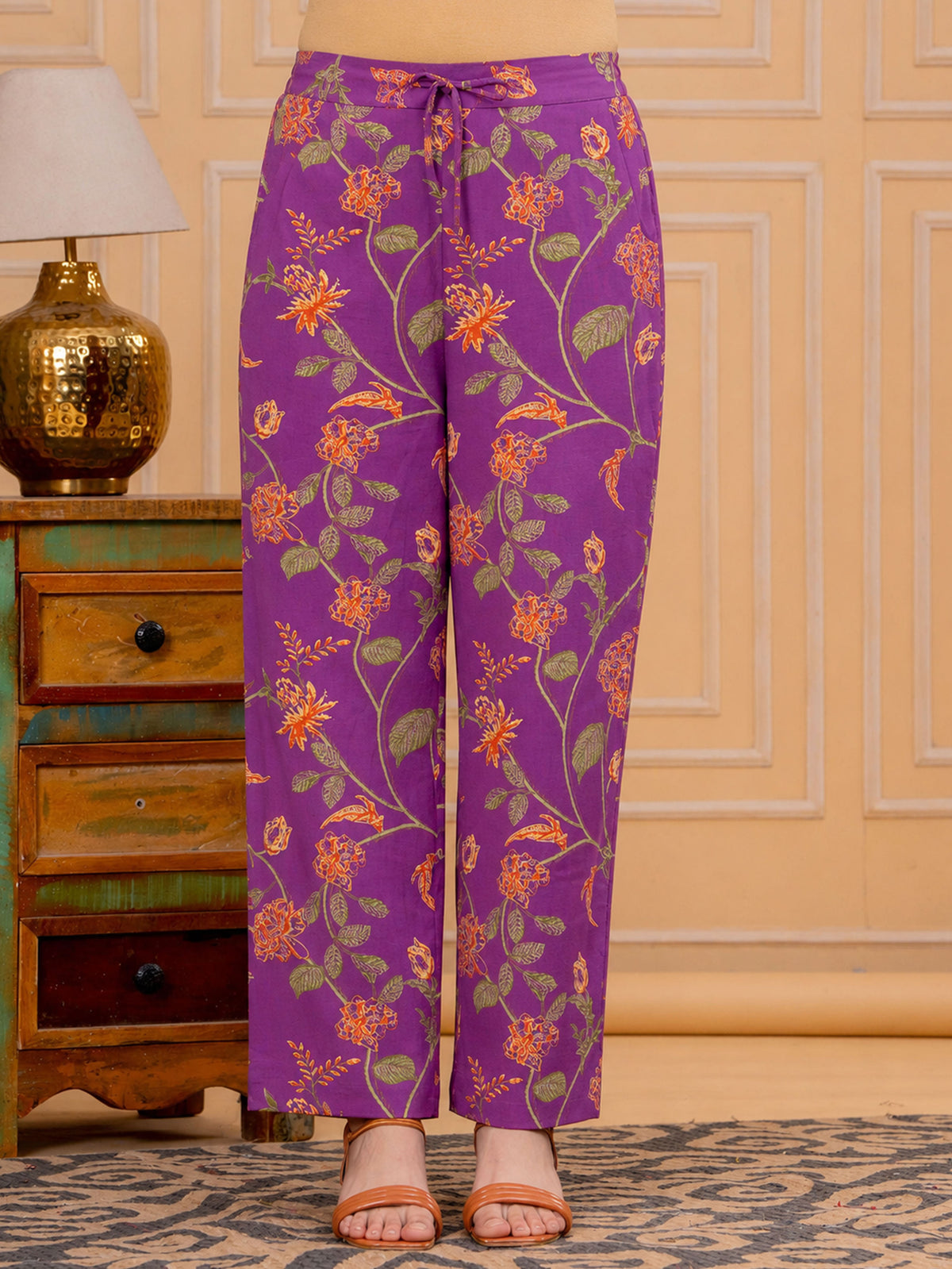 Linen Cotton Floral A-line Purple Kurta