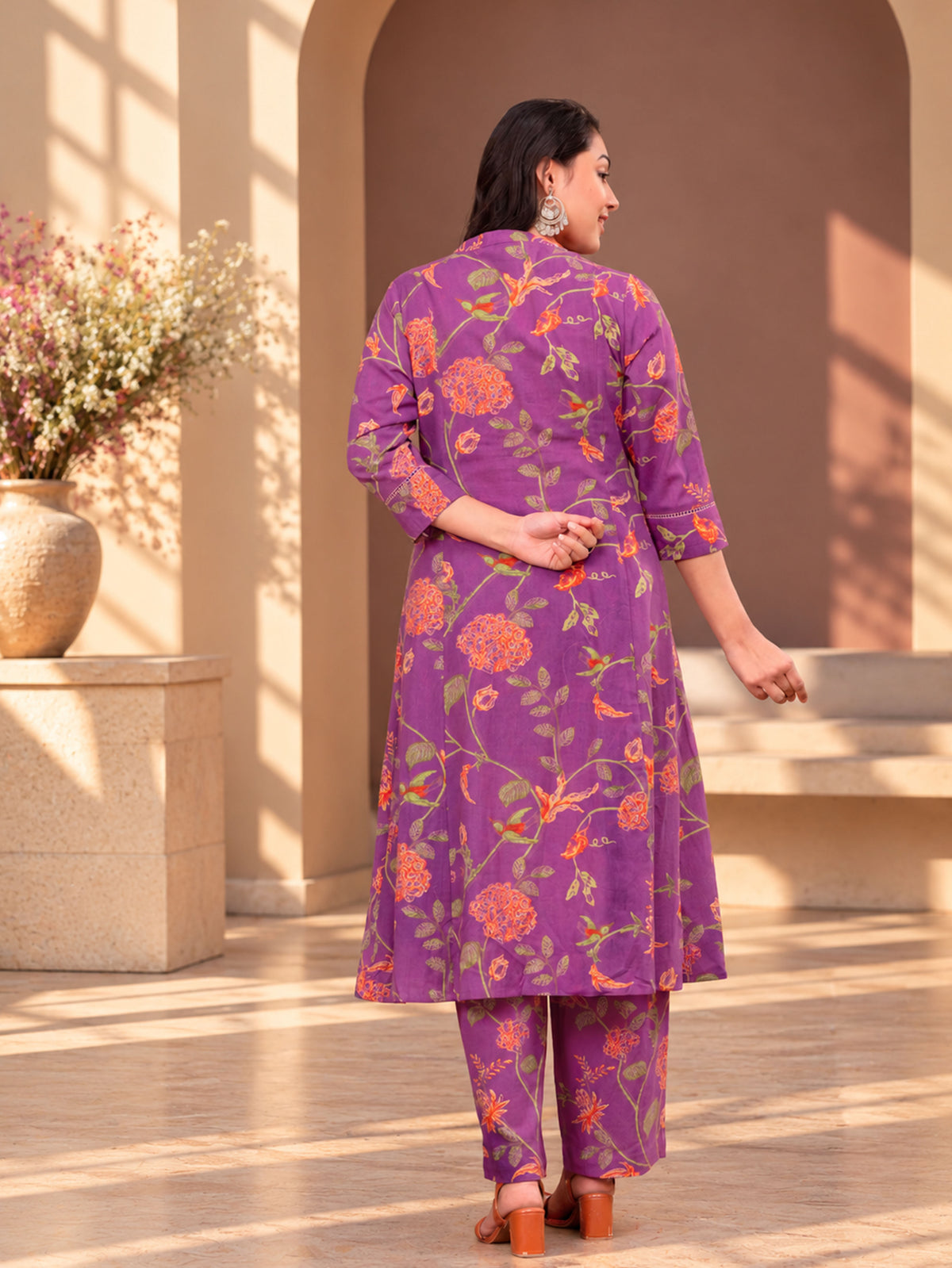 Linen Cotton Floral A-line Purple Kurta