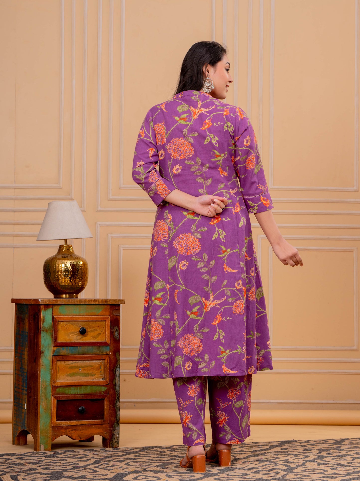 Linen Cotton Floral A-line Purple Kurta