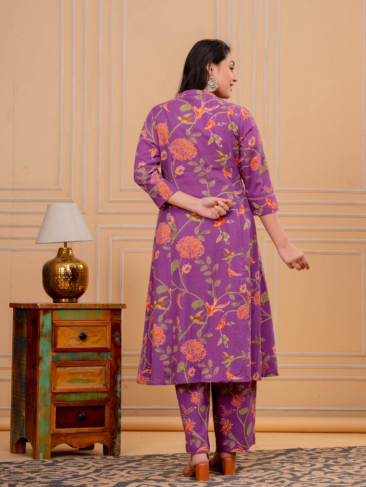 Linen Cotton Floral A-line Purple Kurta