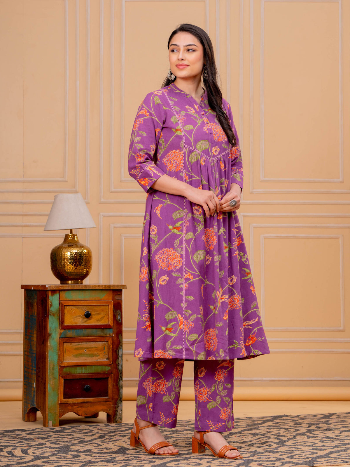 Linen Cotton Floral A-line Purple Kurta