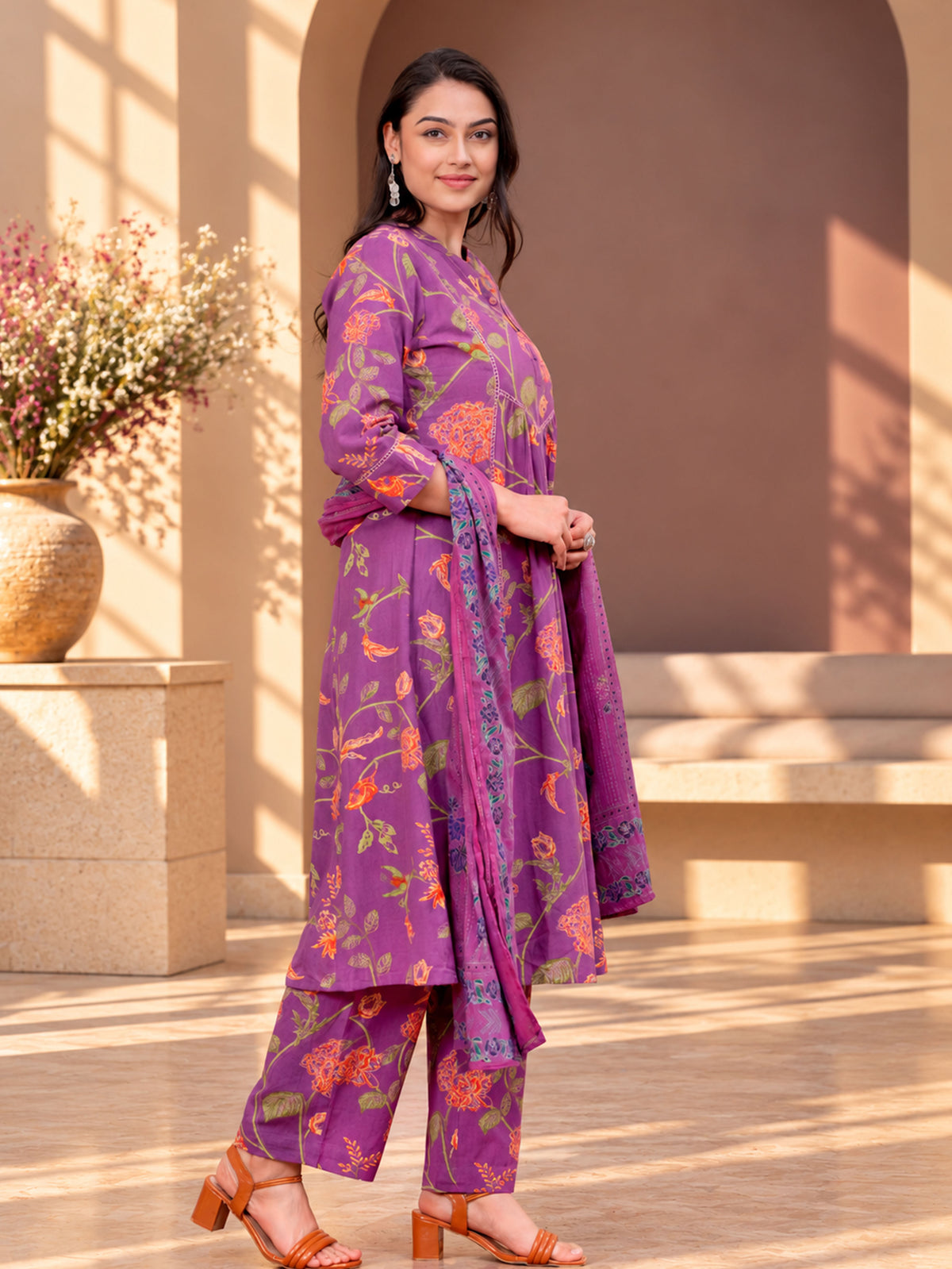 Linen Cotton Floral A-line Purple Kurta