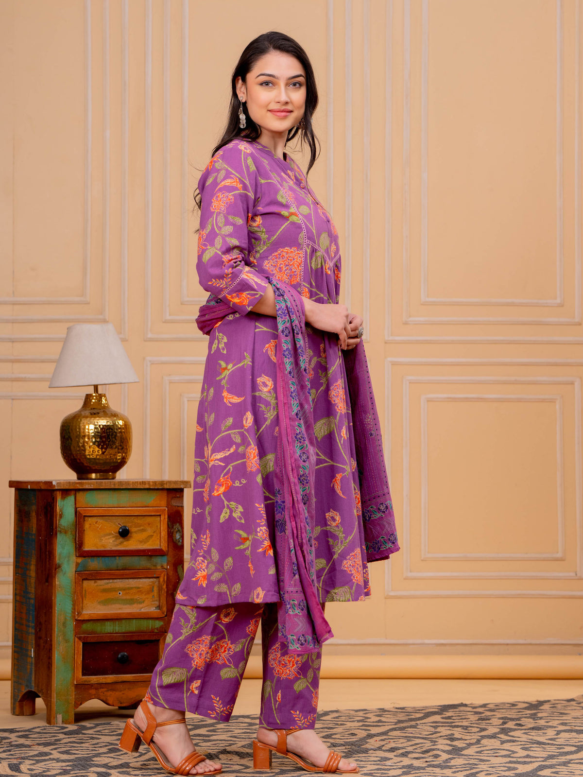 Linen Cotton Floral A-line Purple Kurta