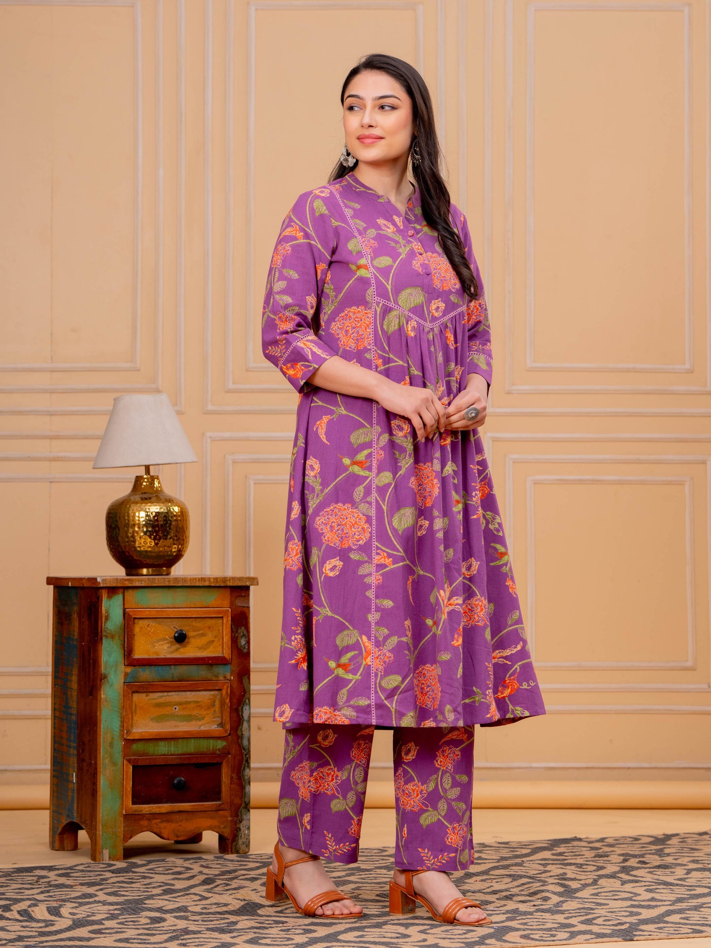 Linen Cotton Floral A-line Purple Kurta