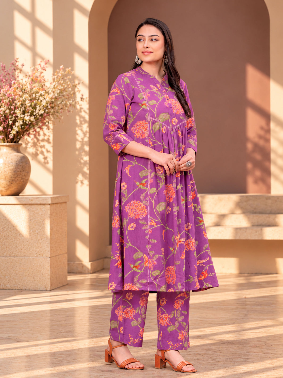 Linen Cotton Floral A-line Purple Kurta