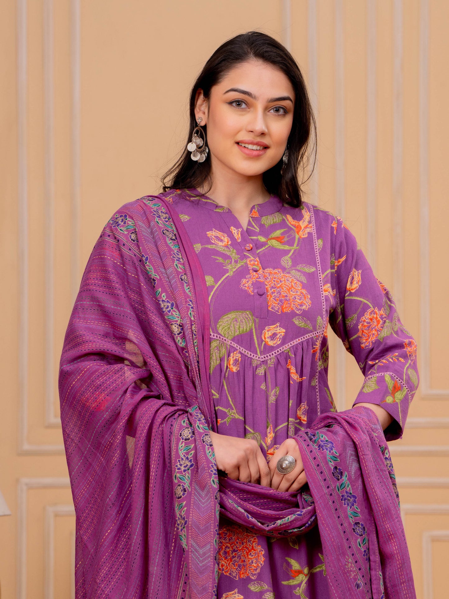 Linen Cotton Floral A-line Purple Kurta