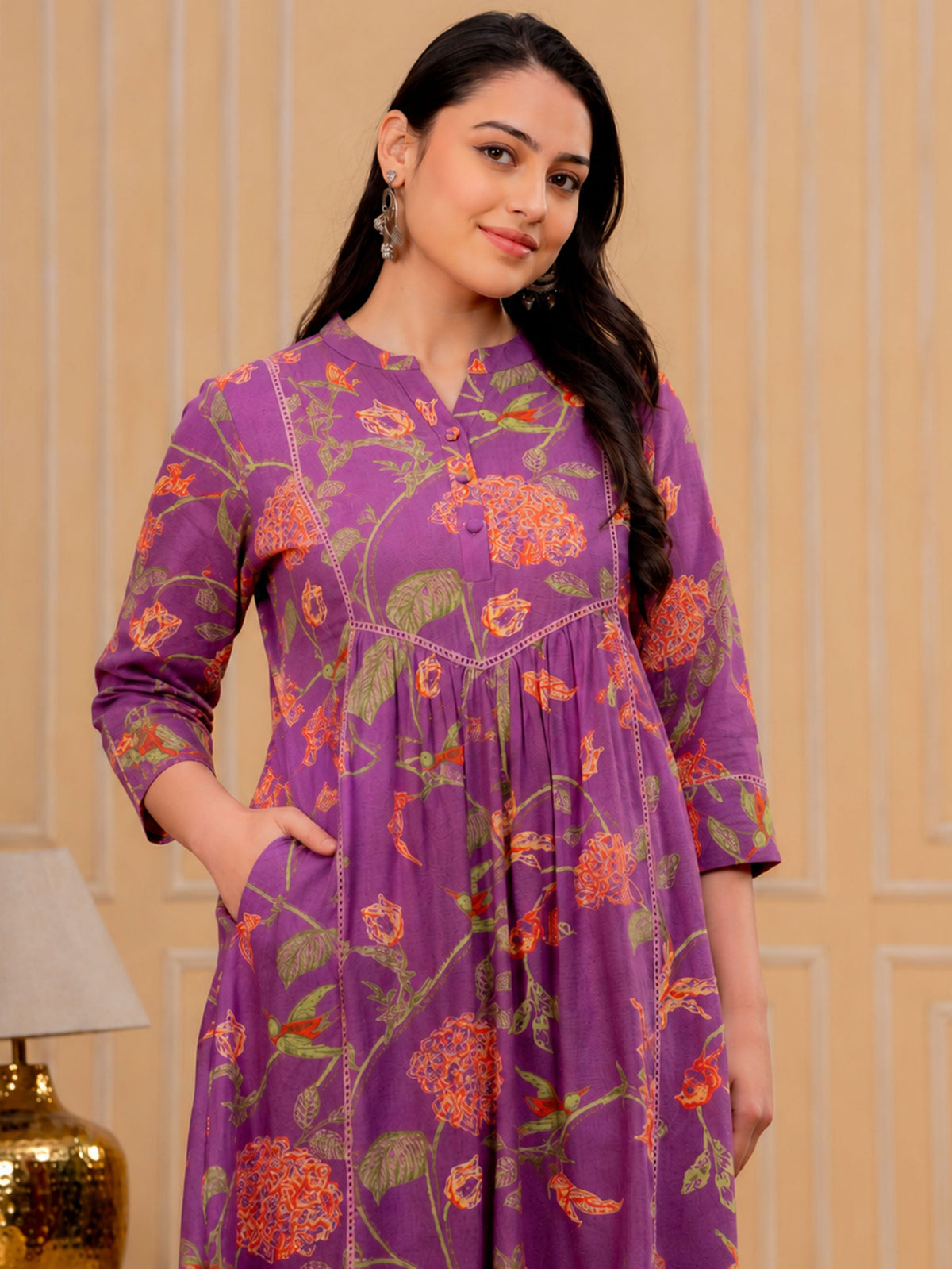 Linen Cotton Floral A-line Purple Kurta