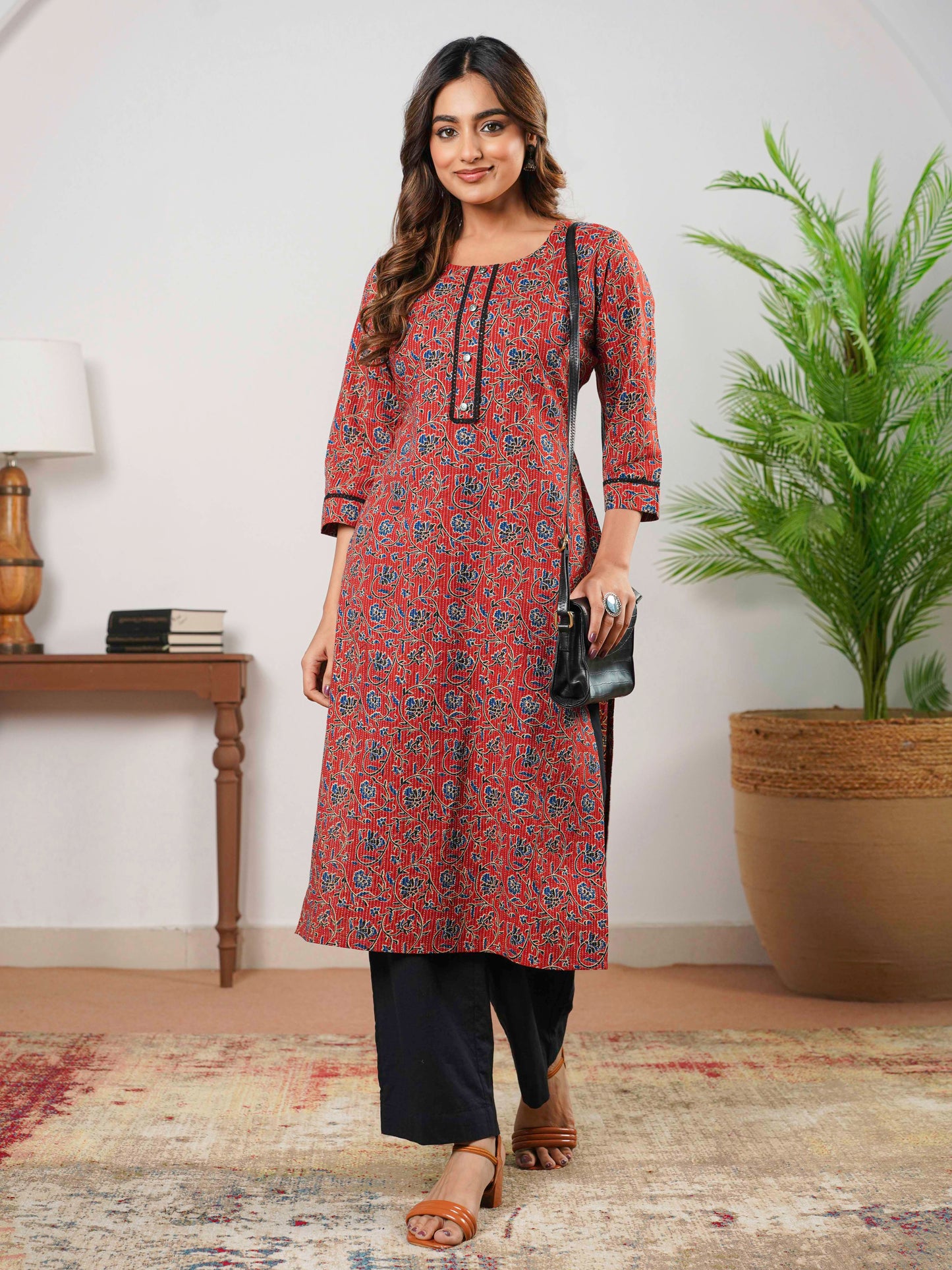 Kantha Cotton Jaal Straight Maroon Kurta