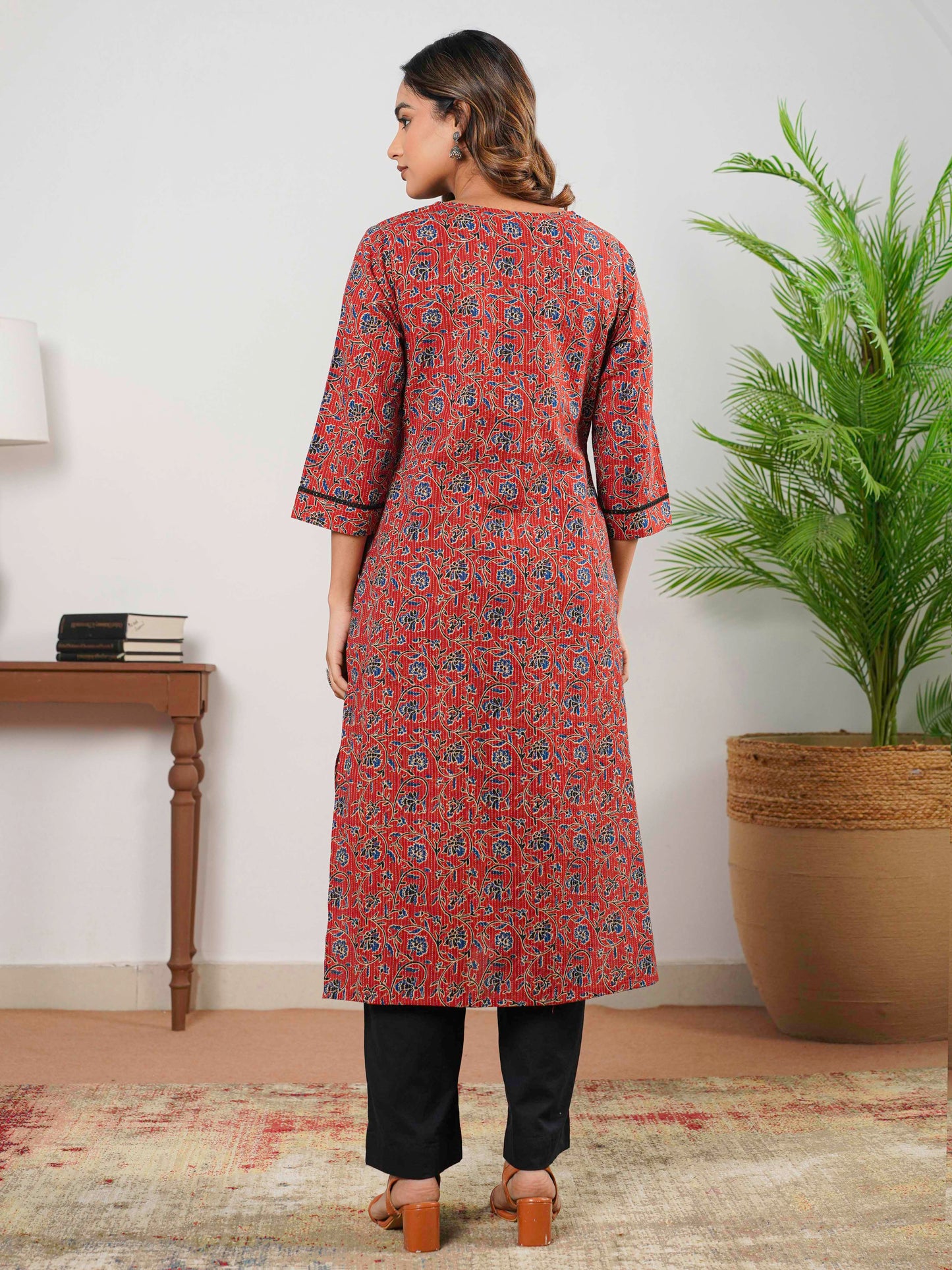 Kantha Cotton Jaal Straight Maroon Kurta