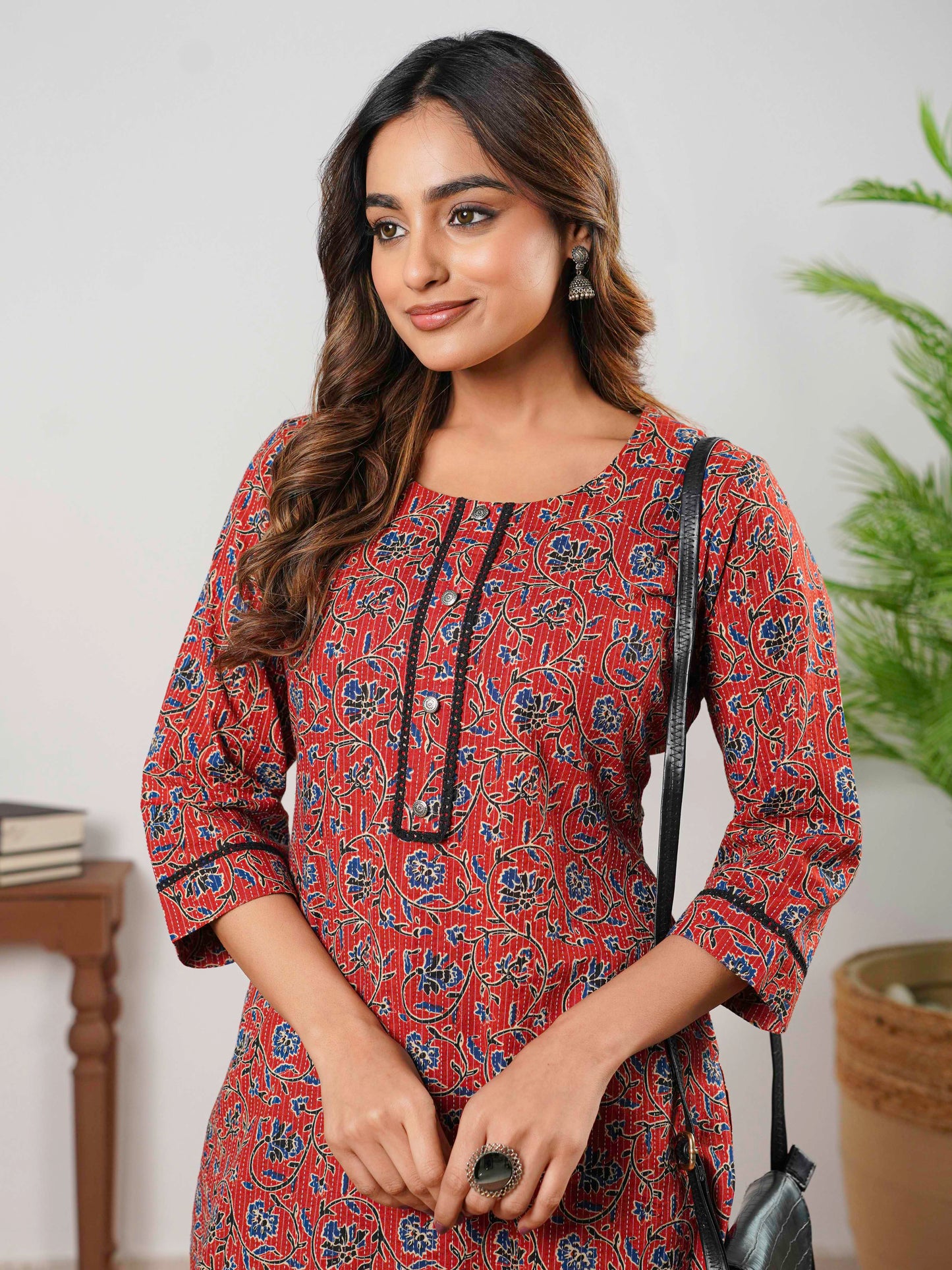 Kantha Cotton Jaal Straight Maroon Kurta