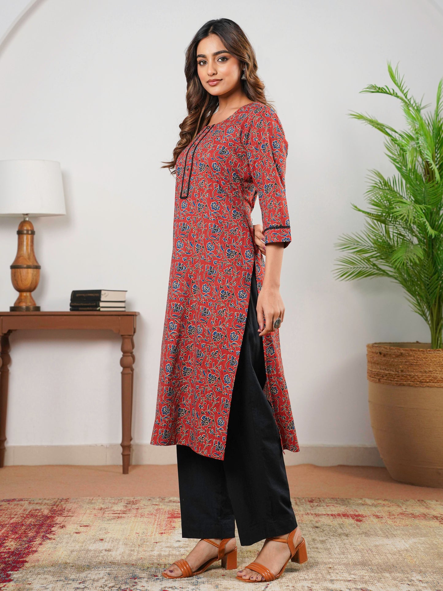 Kantha Cotton Jaal Straight Maroon Kurta