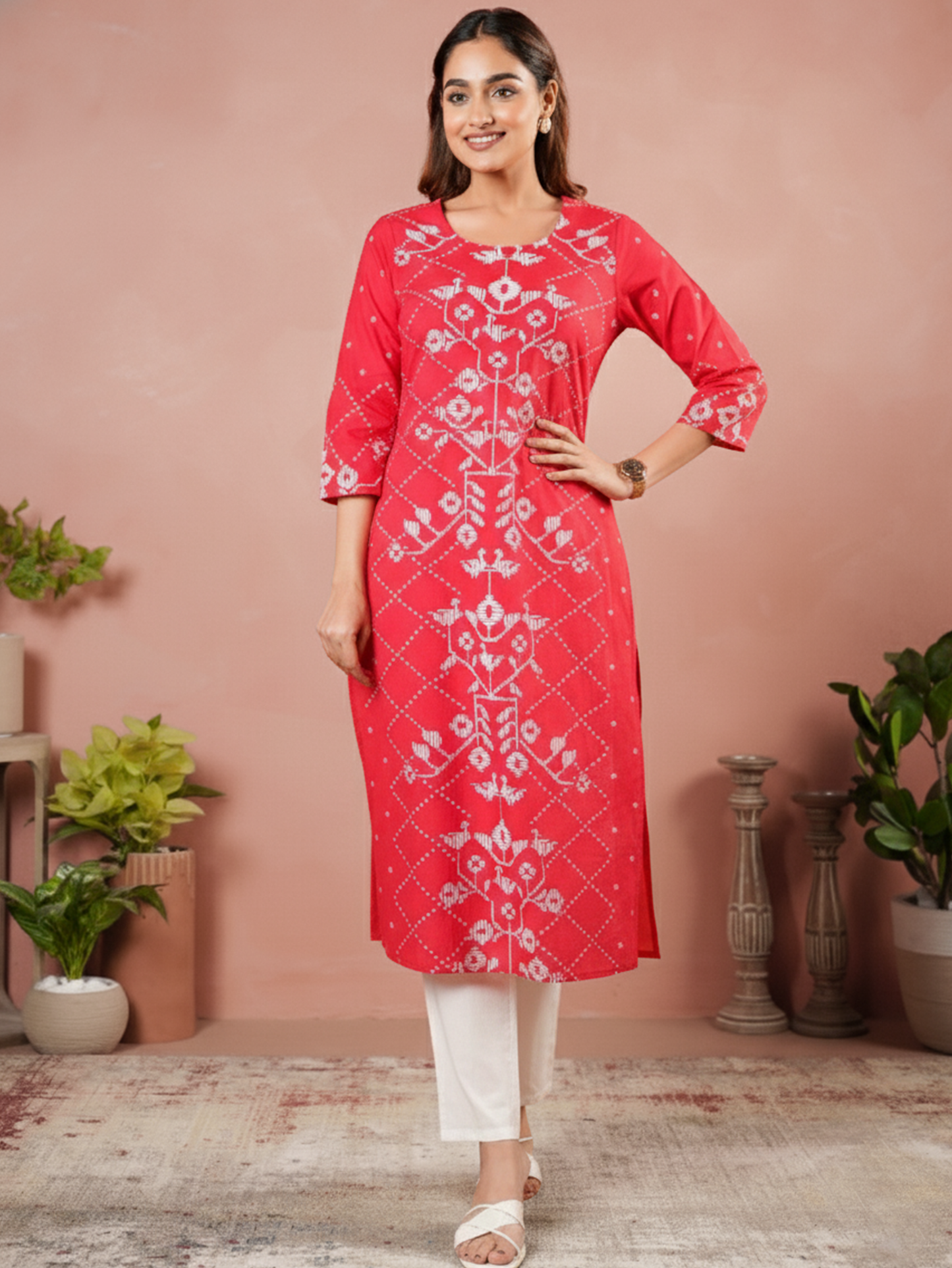 Soft Cotton Placement Print Straight Red Kurta