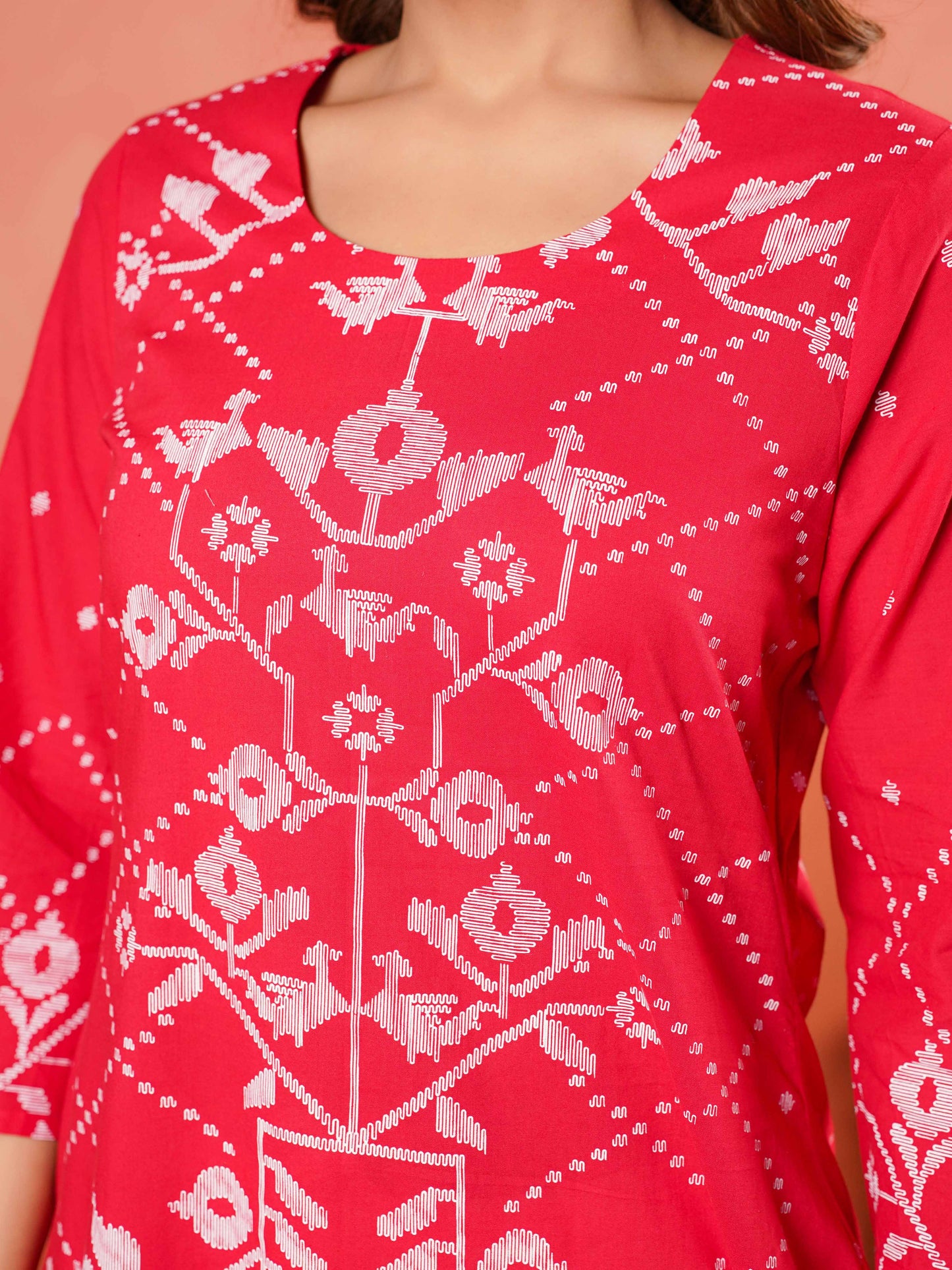 Soft Cotton Placement Print Straight Red Kurta